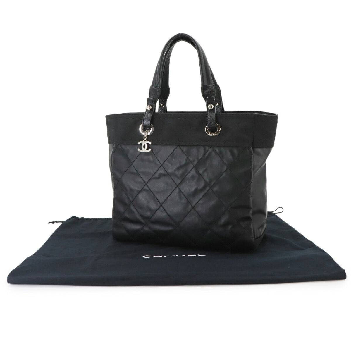 Chanel Paris Biarritz Black Canvas Nylon Leather Handbag Tote Bag (Pre-Owned)