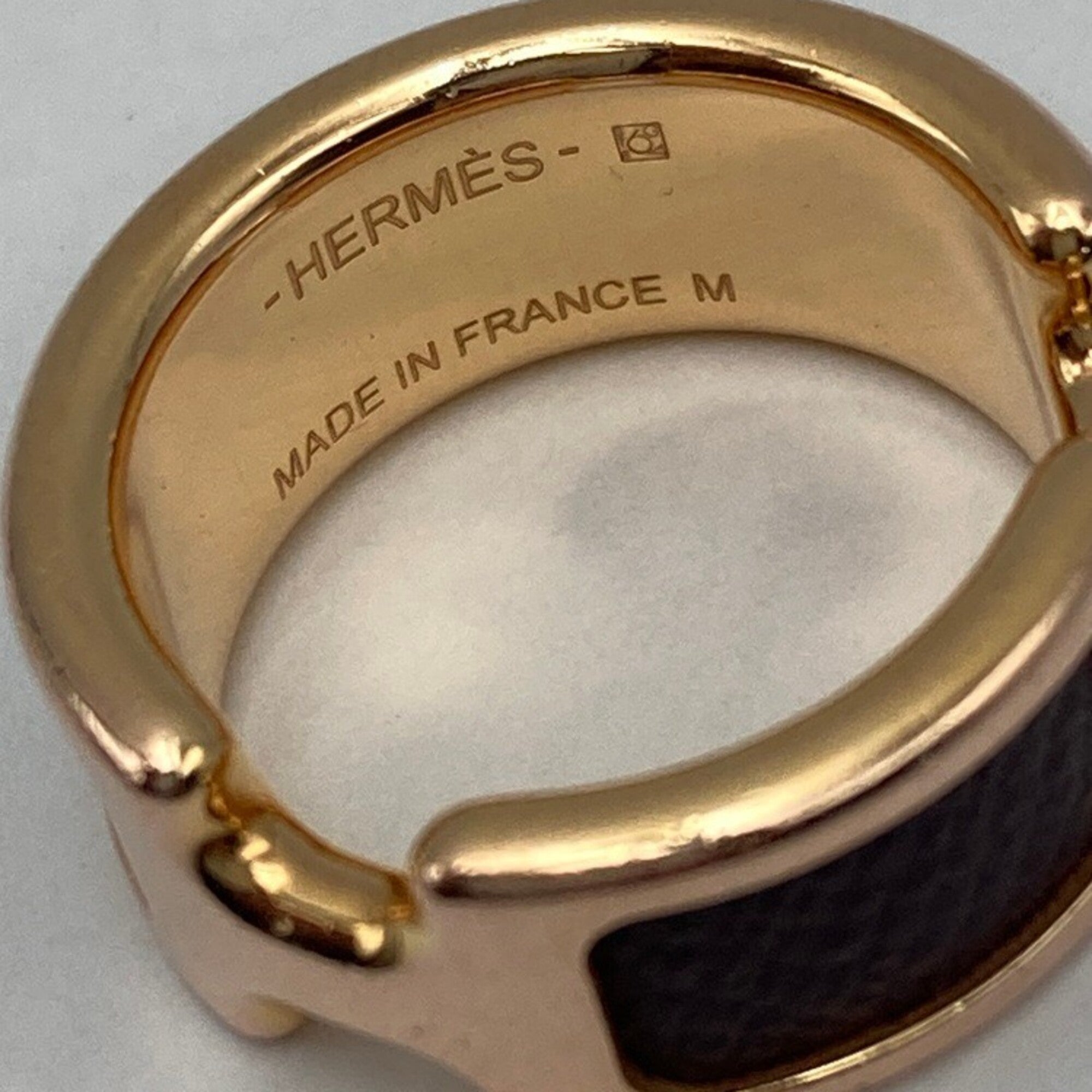 Hermes Dark Brown Yellow Leather Metal Band Ring (Pre-Owned)
