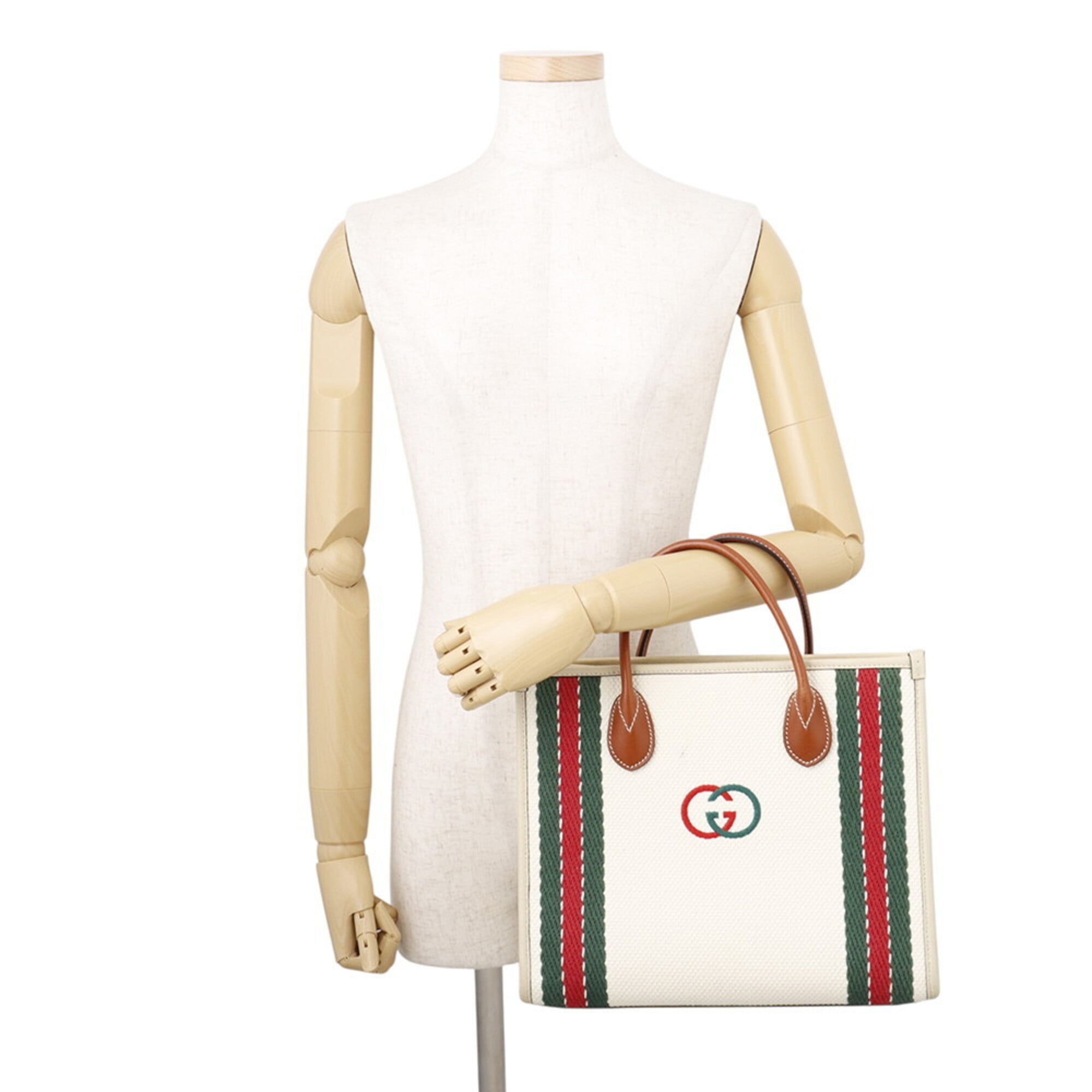 Gucci Multi-Color White Canvas Leather Handbag Tote Bag (Pre-Owned)