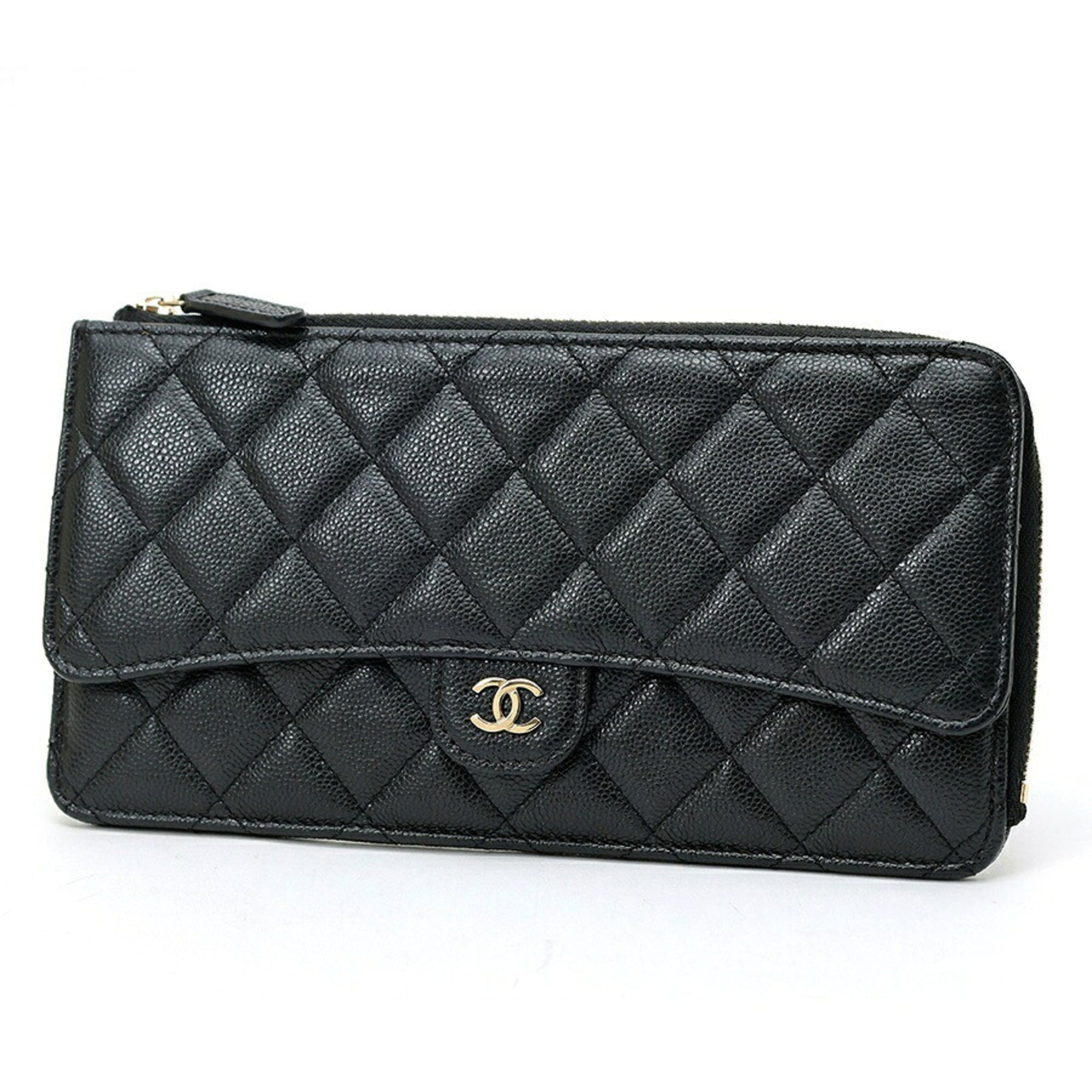 Chanel Black Grained Calfskin Long Wallet (Bi-Fold) (Pre-Owned)