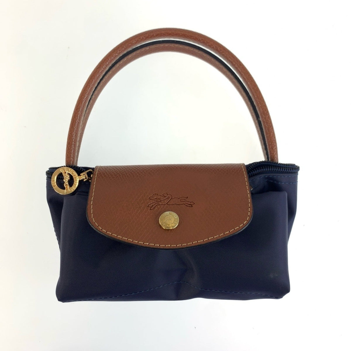 Longchamp Brown Navy Nylon Leather Shoulder Bag Tote Bag (Pre-Owned)