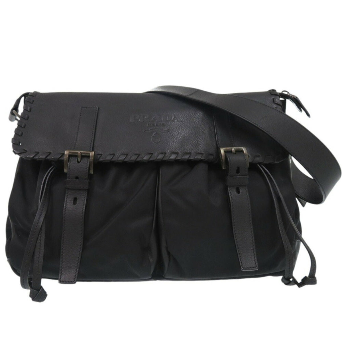 Prada Nero Leather Nylon Messenger Bag Shoulder Bag (Pre-Owned)