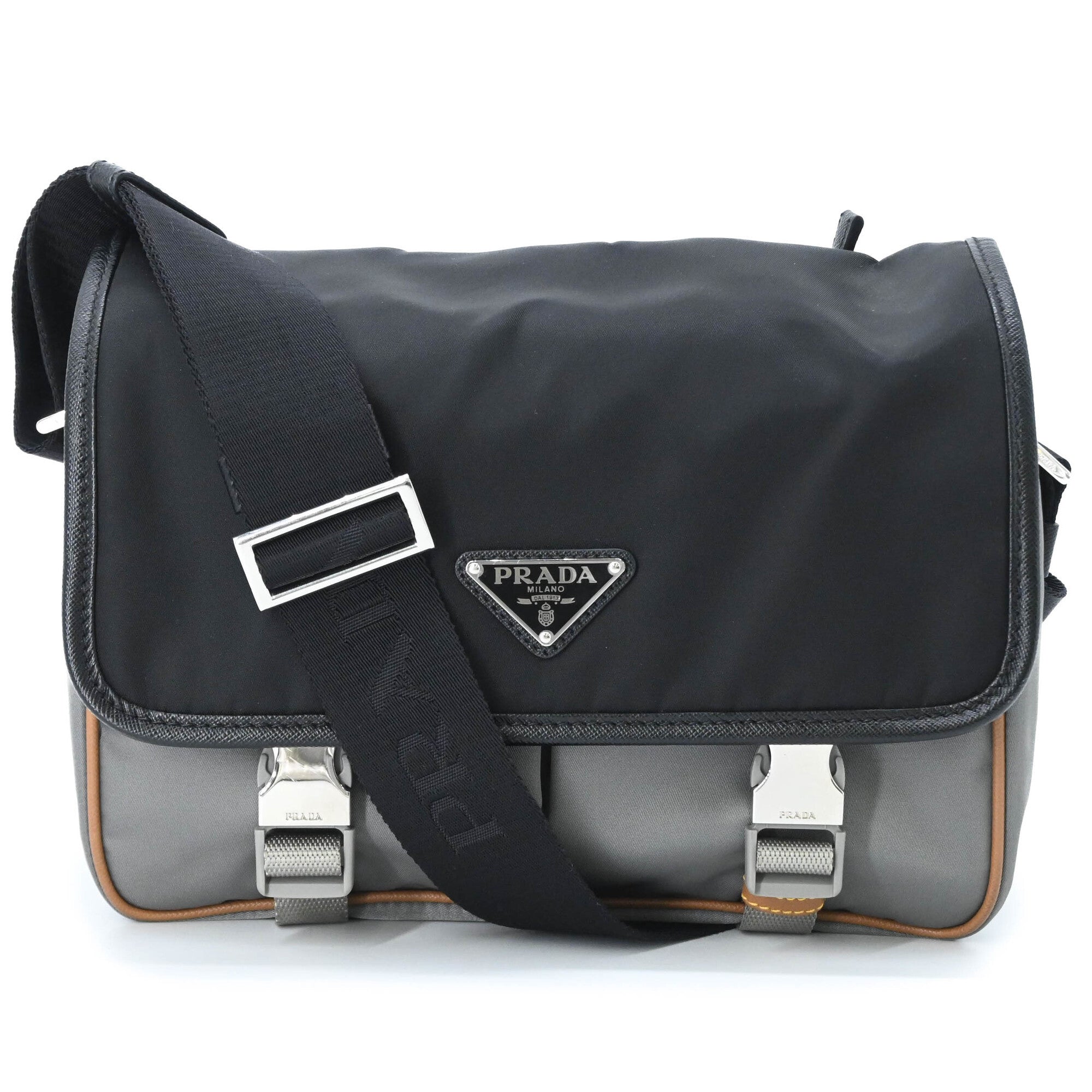 Prada Black Gray Brown Nylon Leather Shoulder Bag (Pre-Owned)