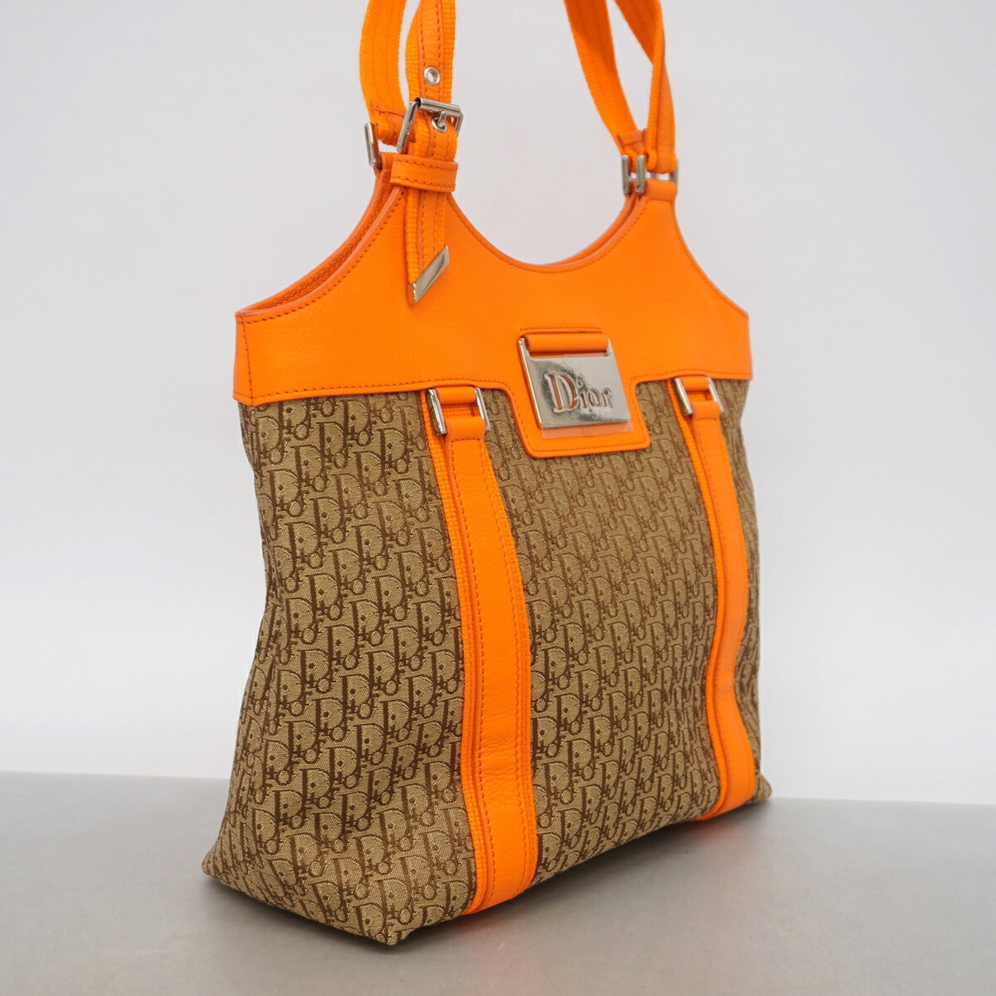 Christian Dior Brown Orange Canvas Leather Handbag (Pre-Owned)