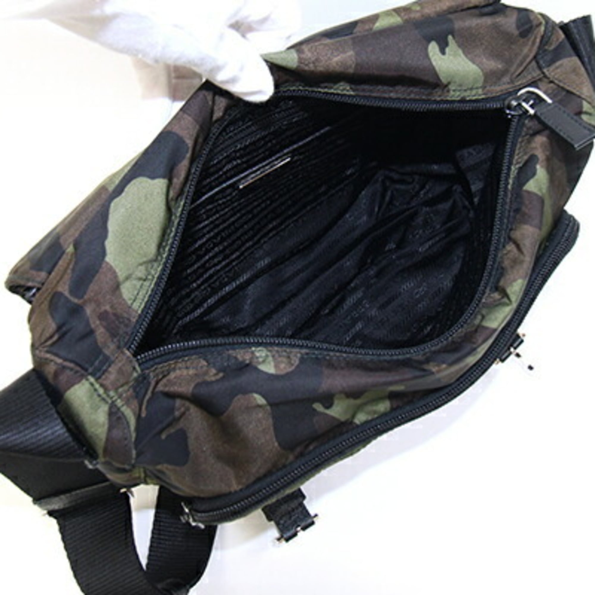 Prada Black Brown Green Khaki Nylon Leather Shoulder Bag (Pre-Owned)