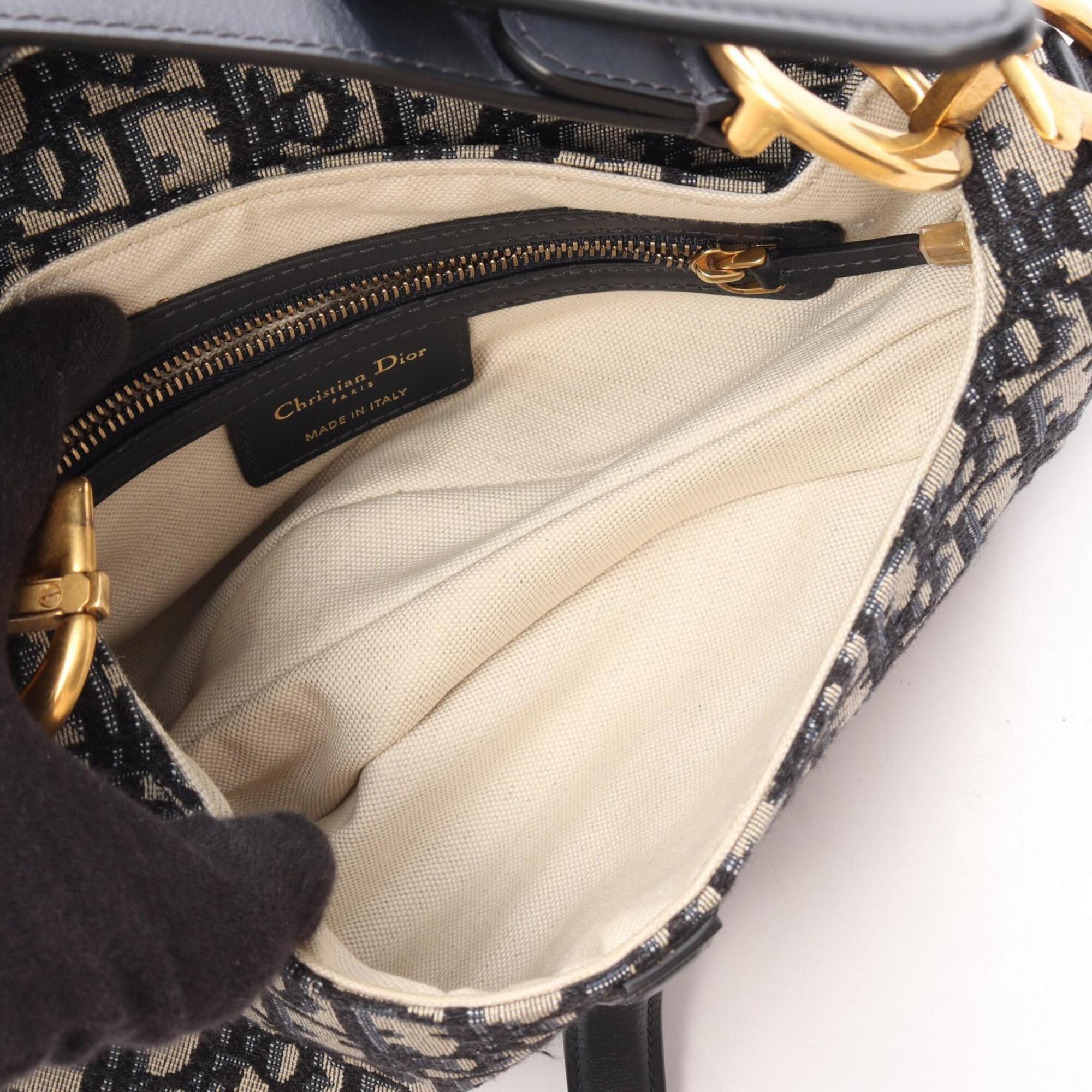 Christian Dior Beige Black Navy Canvas Leather Handbag (Pre-Owned)