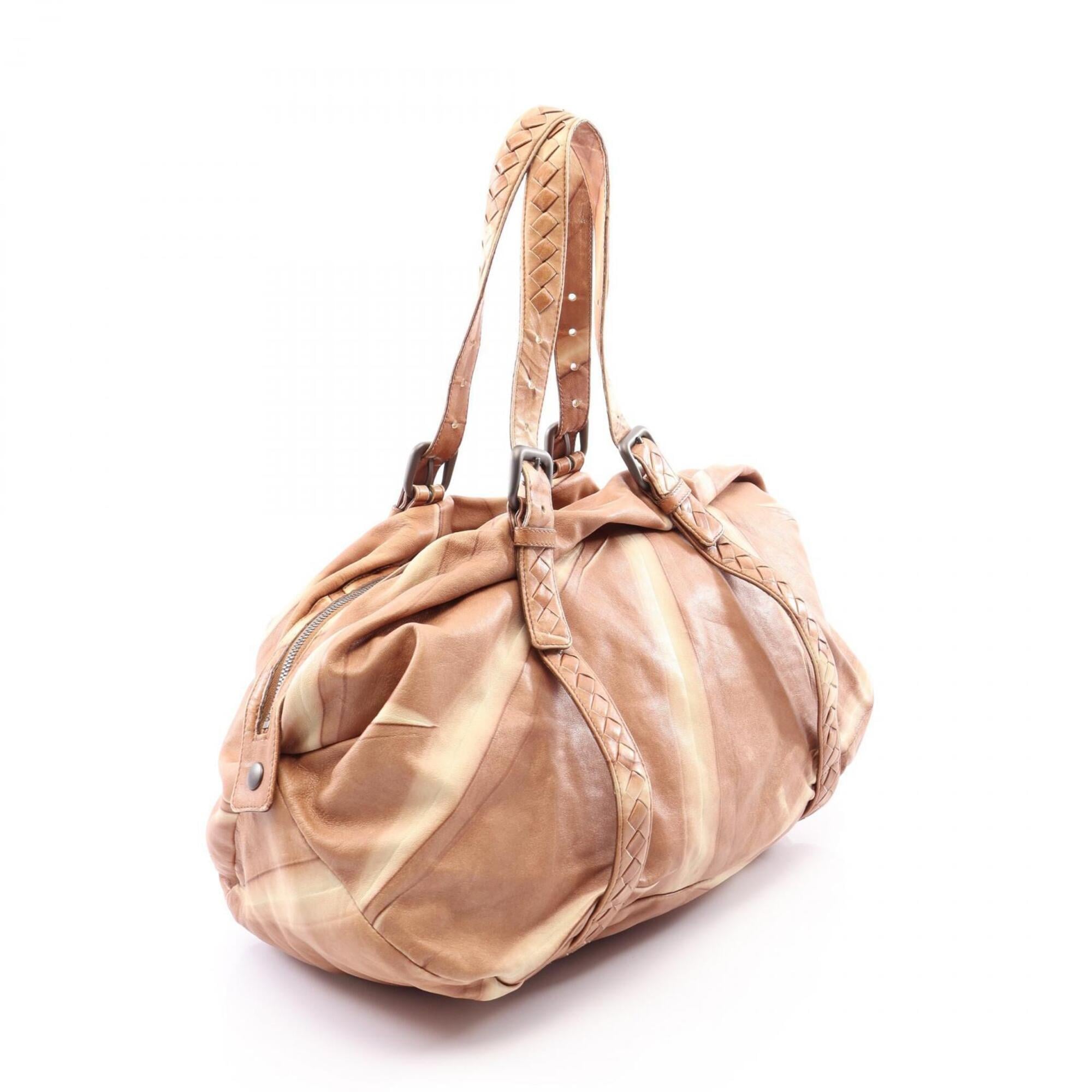 Bottega Veneta Beige Brown Leather Boston Bag Handbag (Pre-Owned)