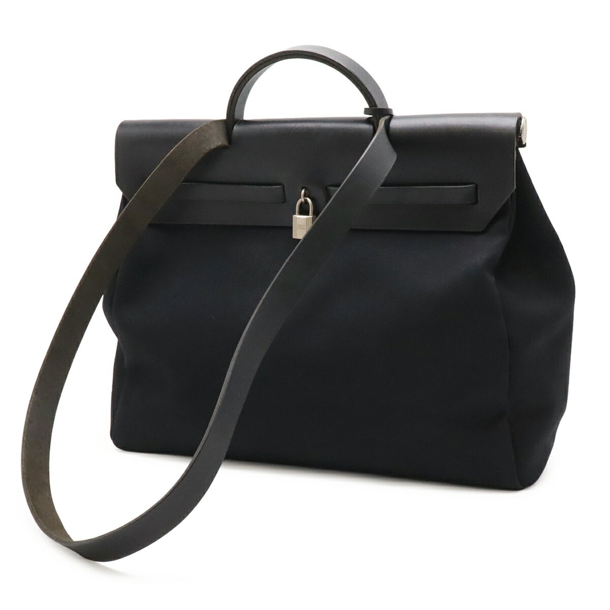 Hermes Her Bag Black Toile Officier Leather Handbag Shoulder Bag (Pre-Owned)