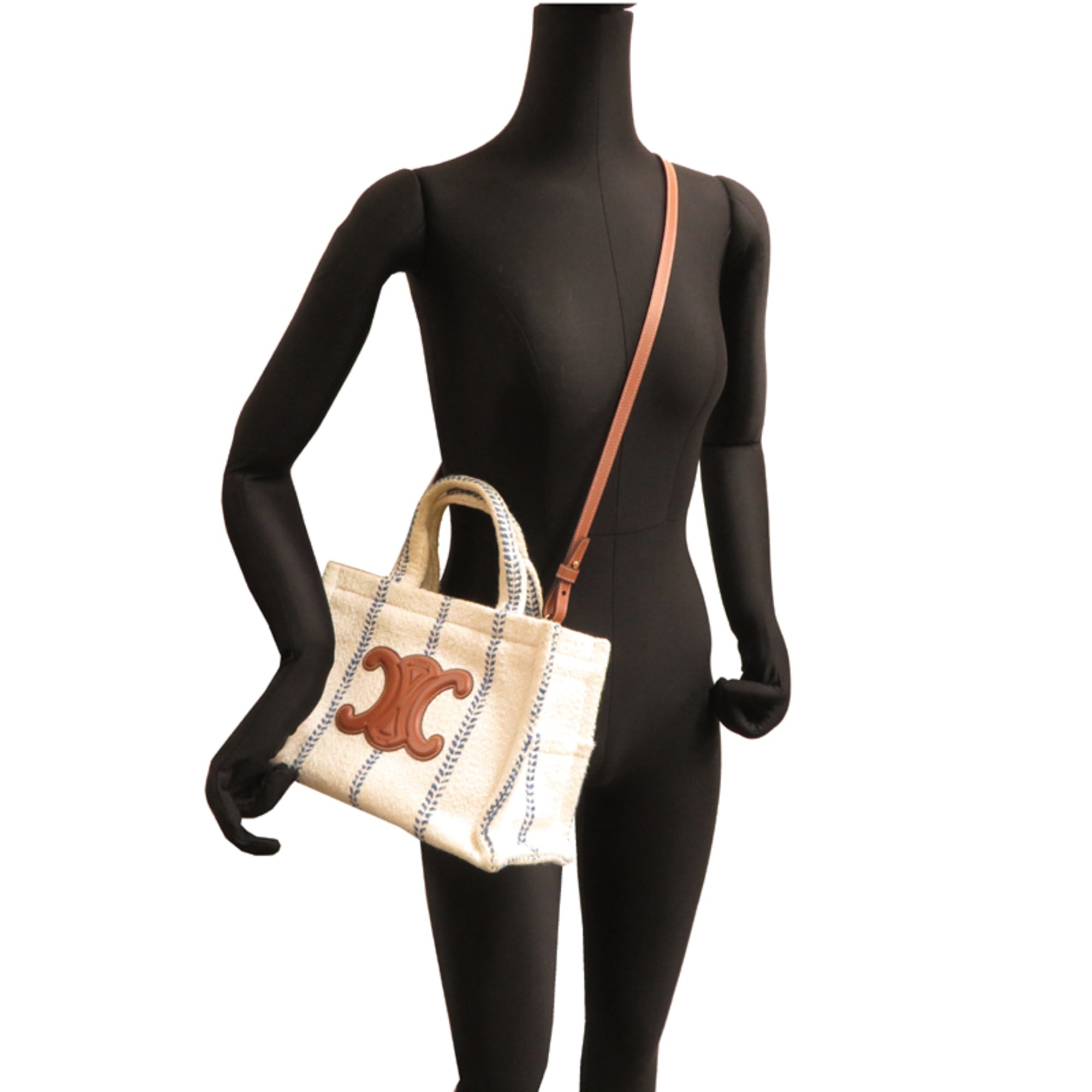 Celine Blue Brown White Cotton Leather Handbag (Pre-Owned)