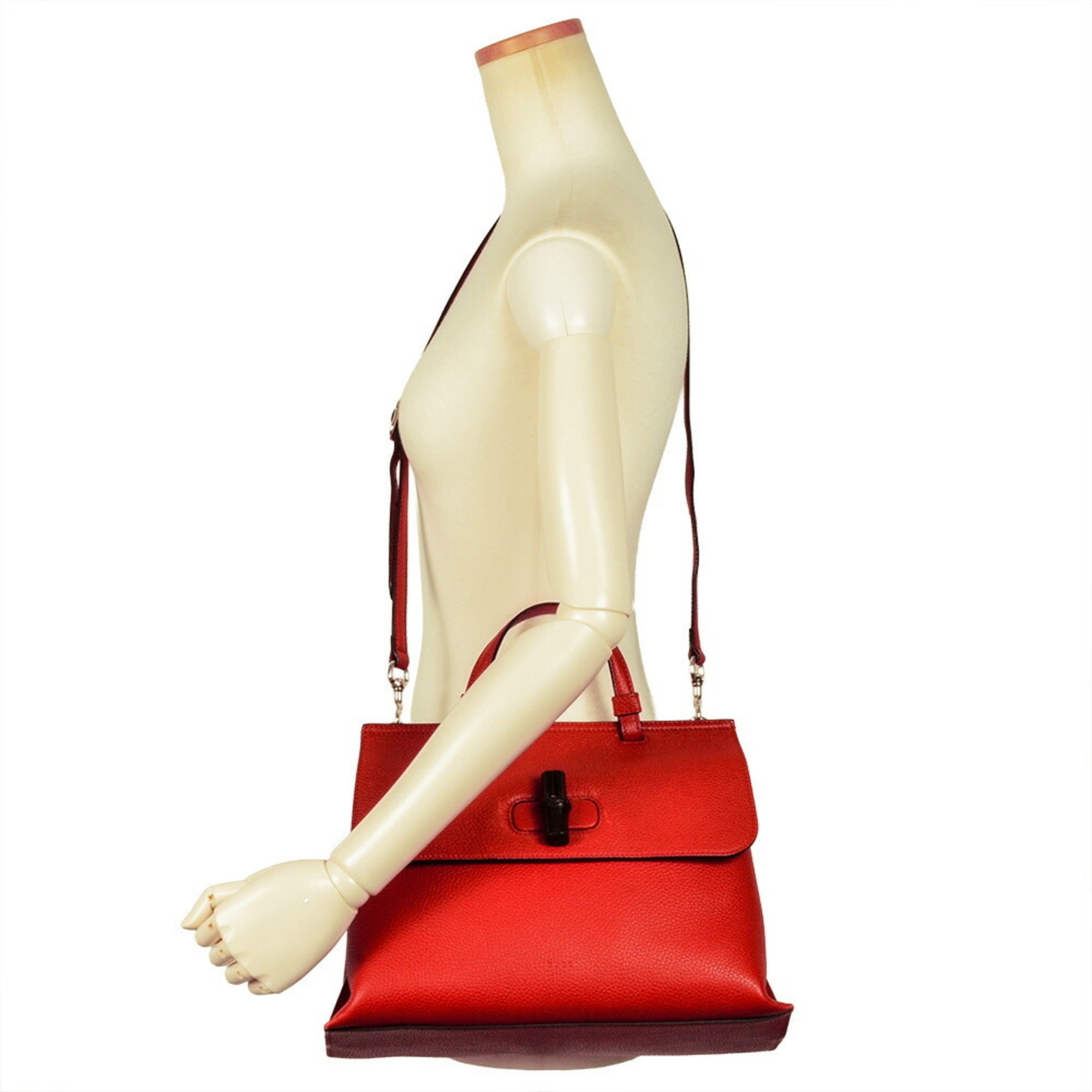 Gucci Daily Red Color Leather Bamboo Handbag (Pre-Owned)