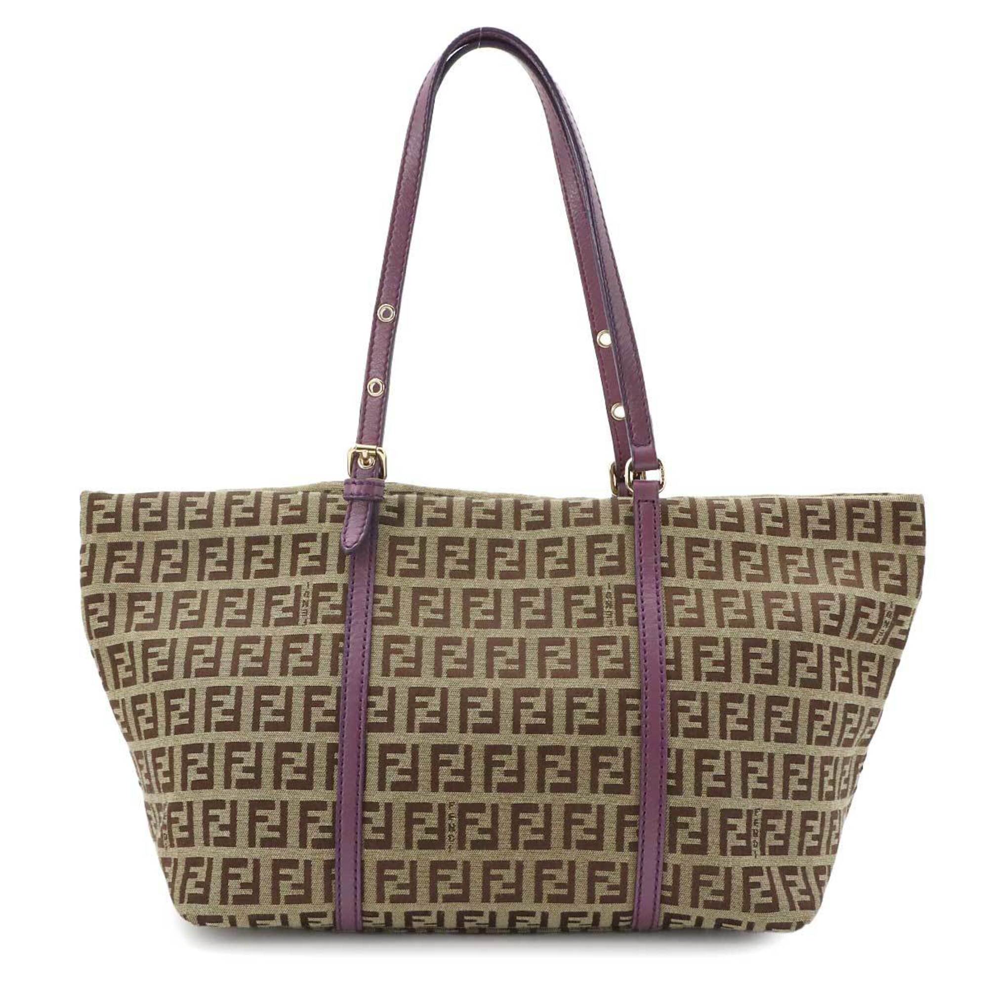 Fendi Beige Purple Canvas Leather Handbag Tote Bag (Pre-Owned)