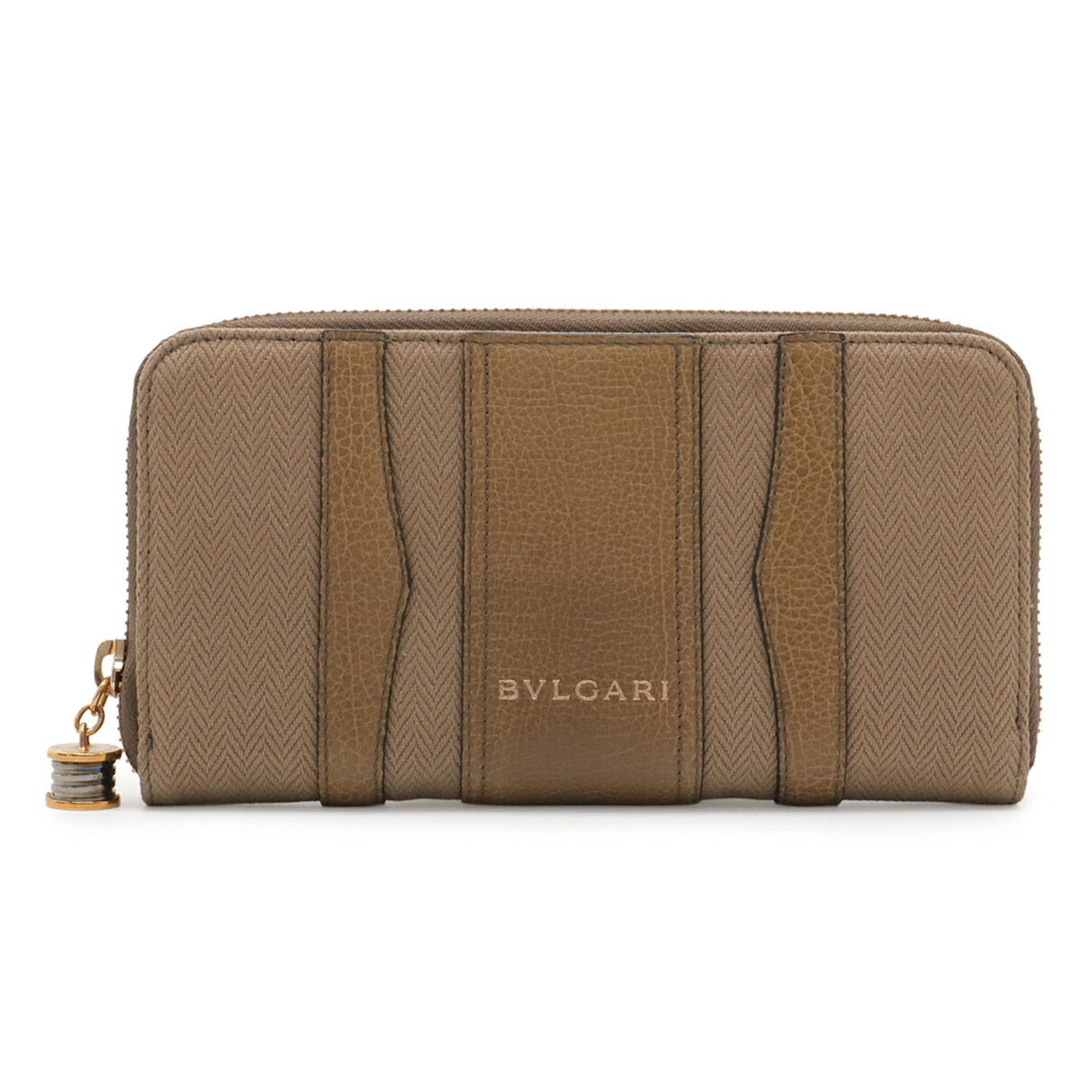 Bvlgari Dark Beige Leather Canvas Long Wallet (Bi-Fold) (Pre-Owned)