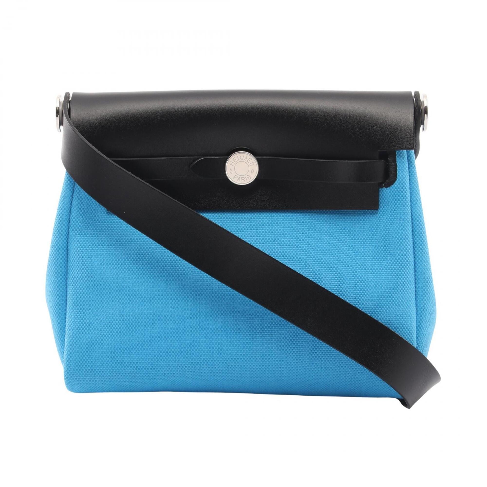 Hermes Black Blue Canvas Leather Handbag Shoulder Bag (Pre-Owned)