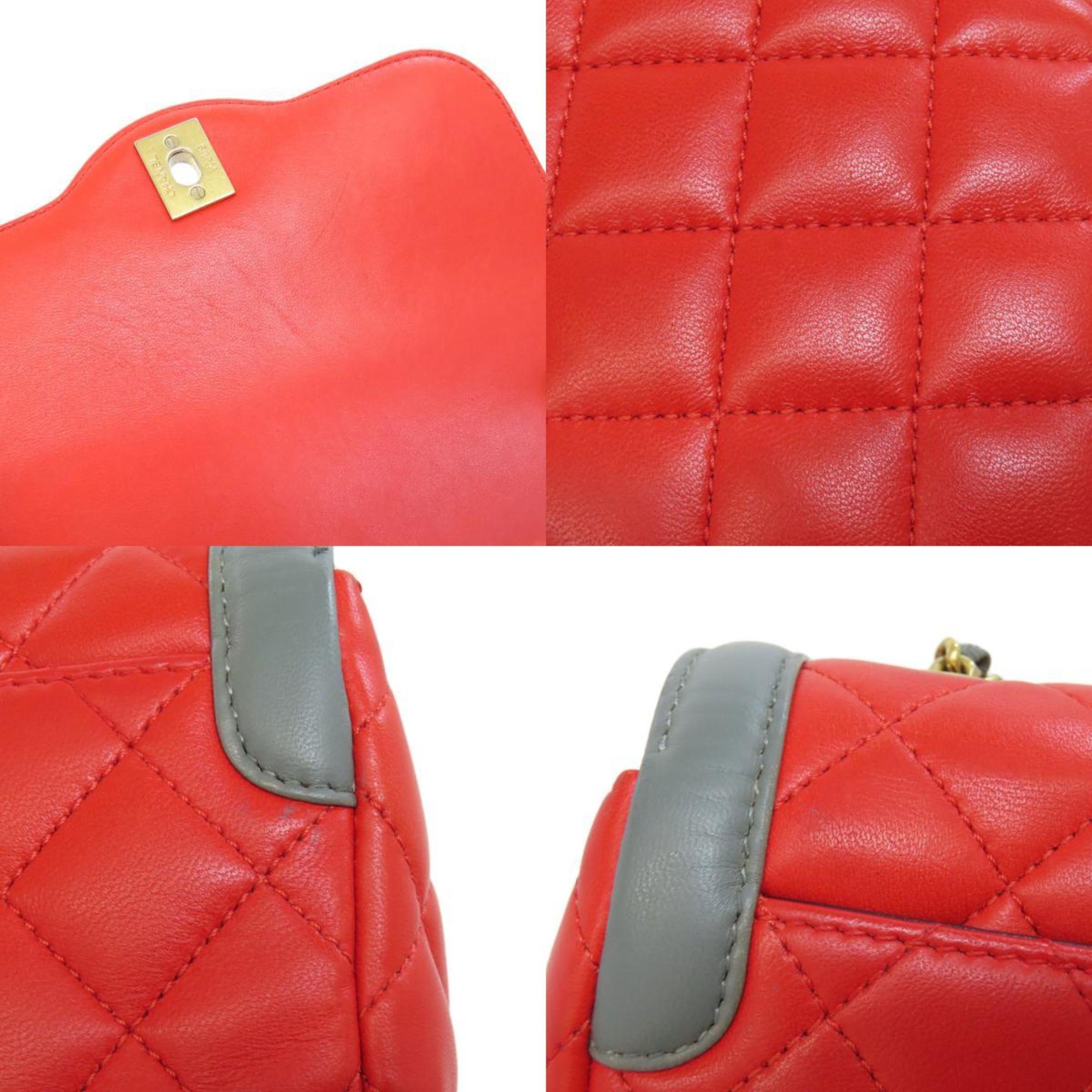 Chanel Gray Red Color Leather Shoulder Bag (Pre-Owned)