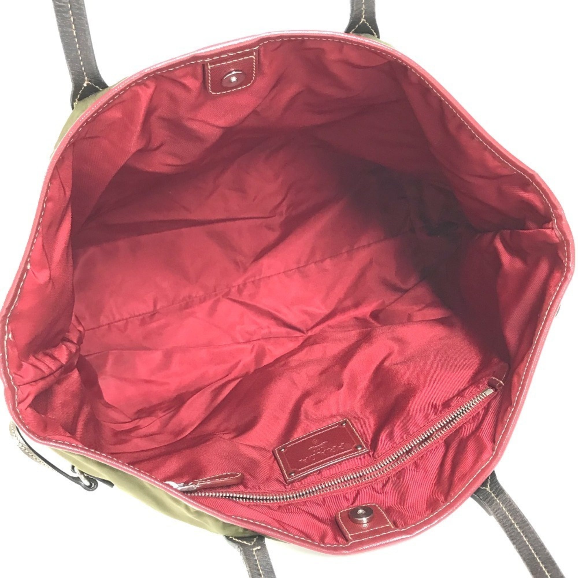 Prada Khaki Red Color Leather Nylon Shoulder Bag Tote Bag (Pre-Owned)