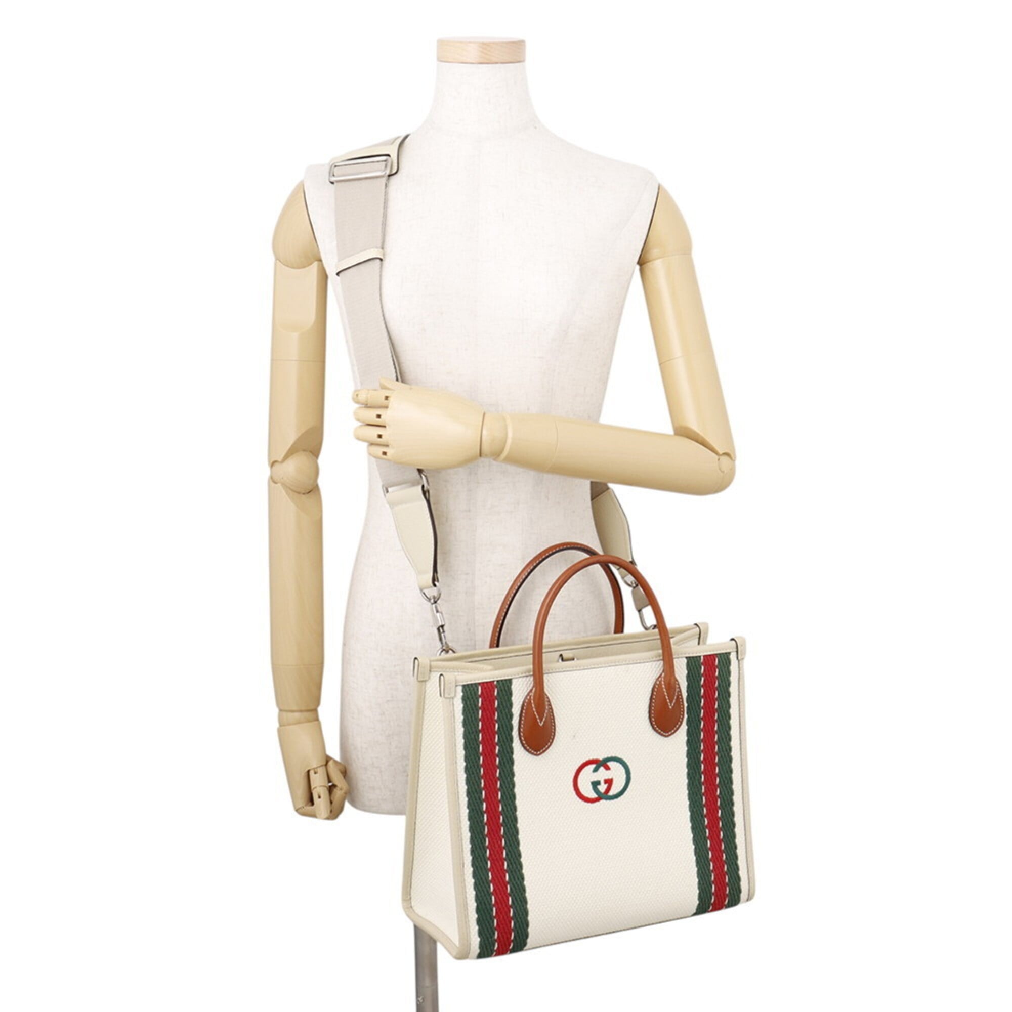Gucci Multi-Color White Canvas Leather Handbag Tote Bag (Pre-Owned)