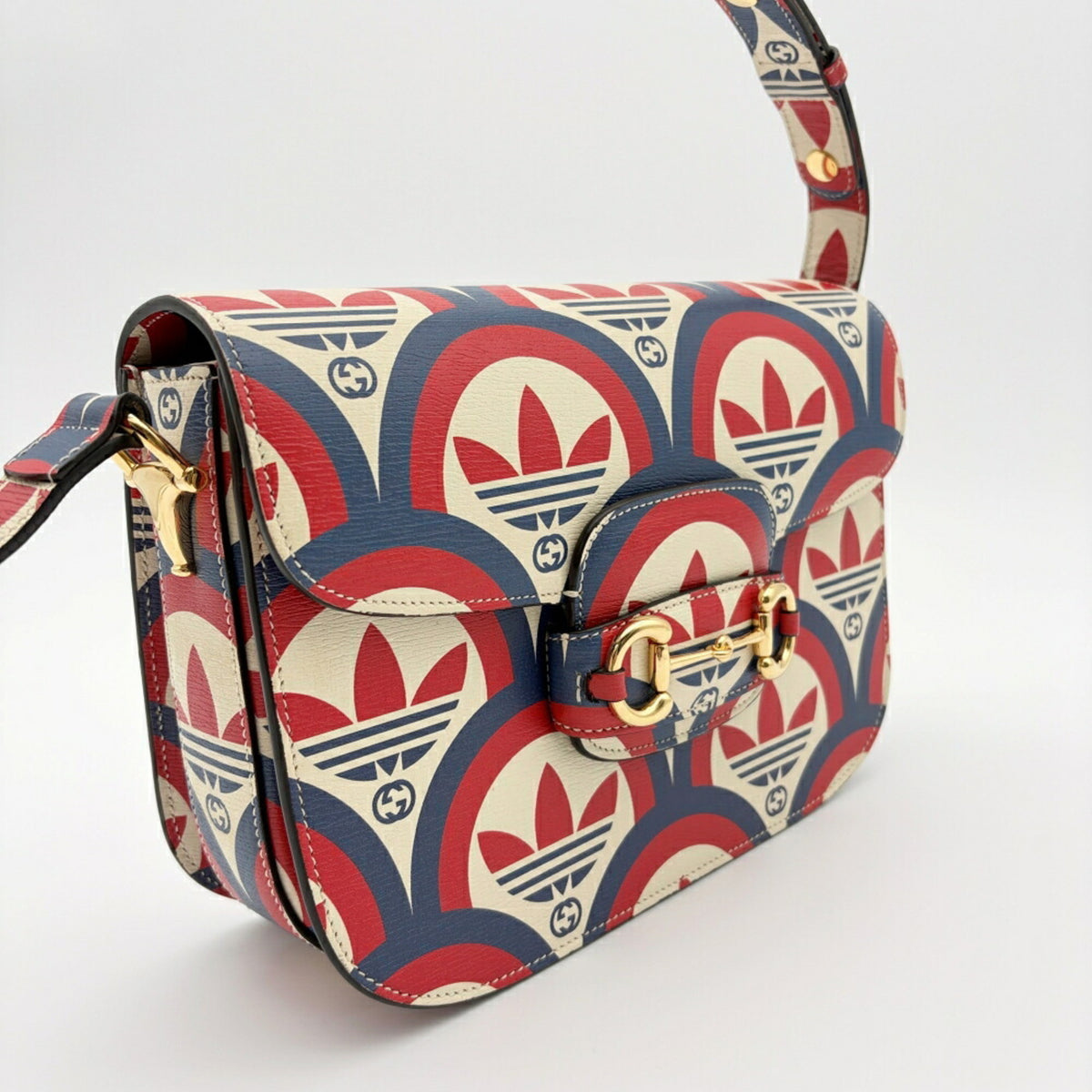 Gucci Horsebit Ivory Navy Red Color Leather Shoulder Bag (Pre-Owned)