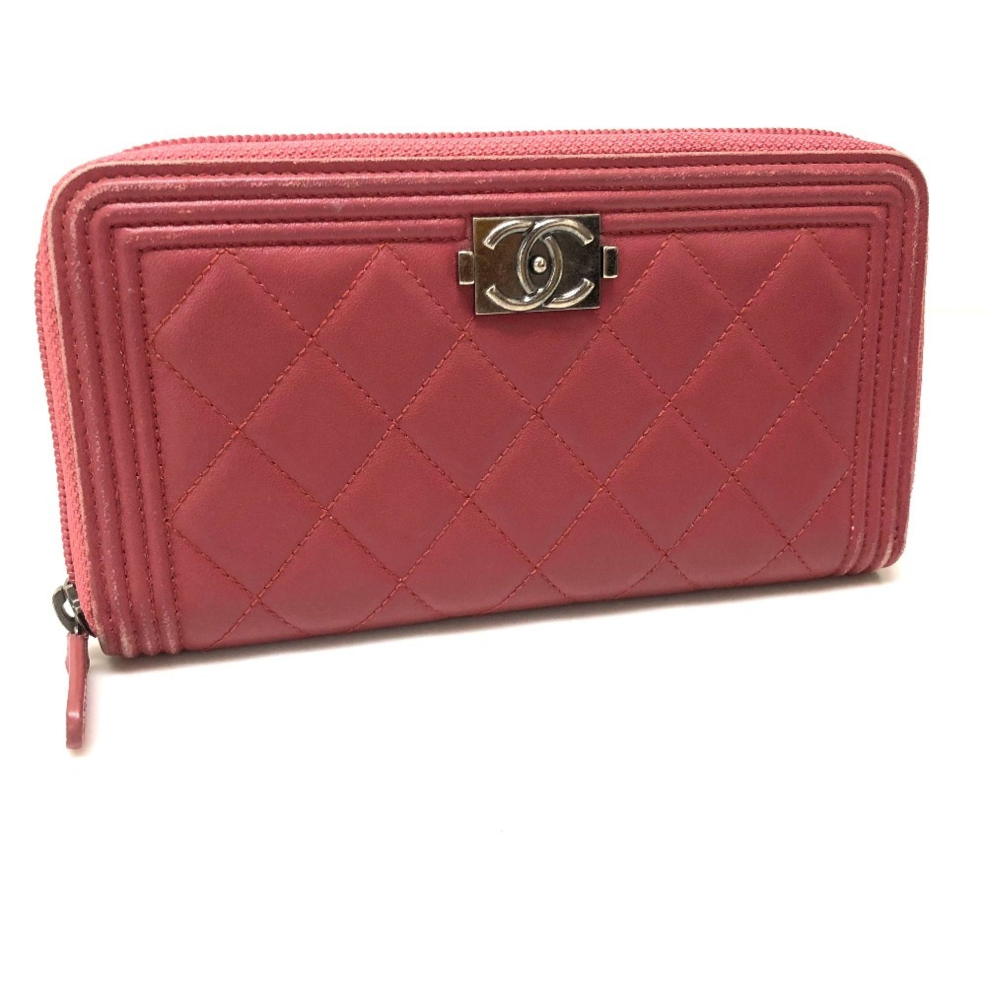 Chanel Boy Chanel Rose Pink Leather Long Wallet (Bi-Fold) (Pre-Owned)