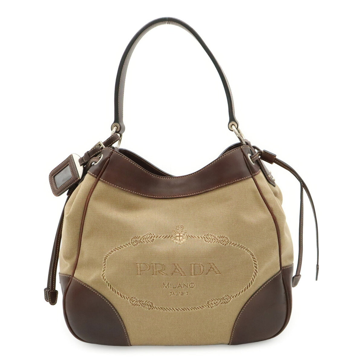 Prada Beige Dark Brown Khaki Canvas Leather Shoulder Bag (Pre-Owned)