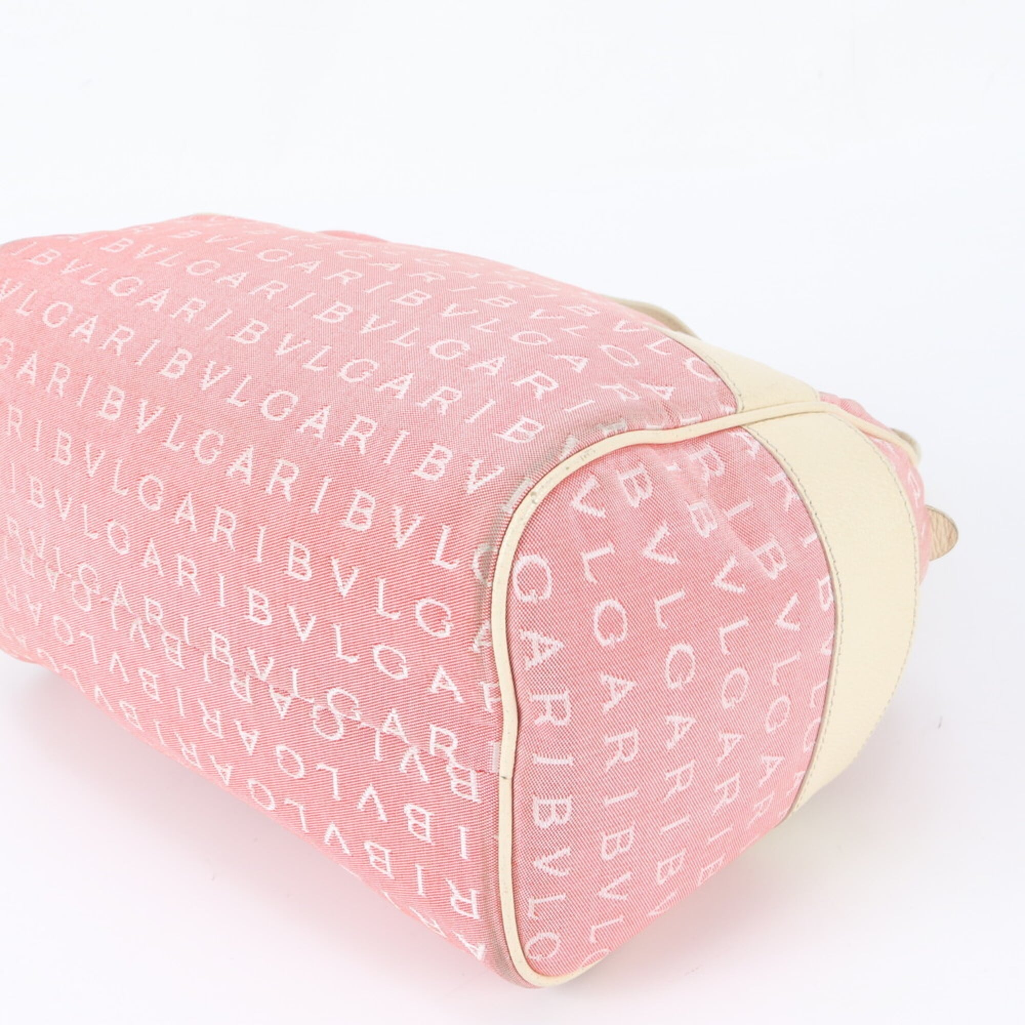 Bvlgari Logomania Beige Pink Canvas Leather Handbag (Pre-Owned)