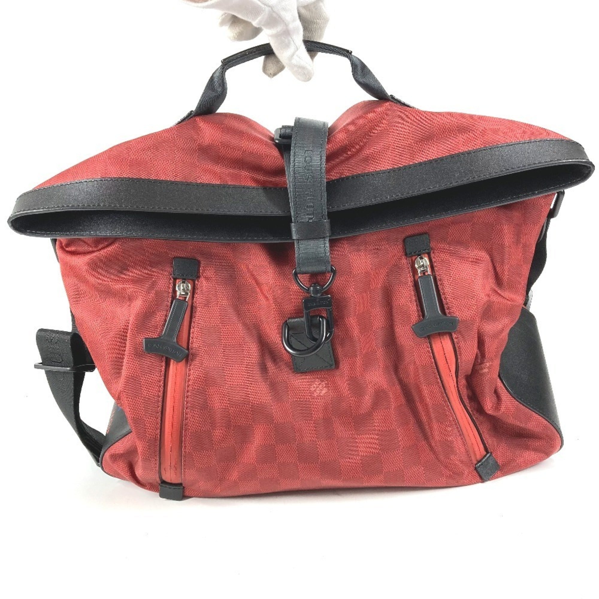 Louis Vuitton Black Red Color Leather Nylon Shoulder Bag Tote Bag (Pre-Owned)