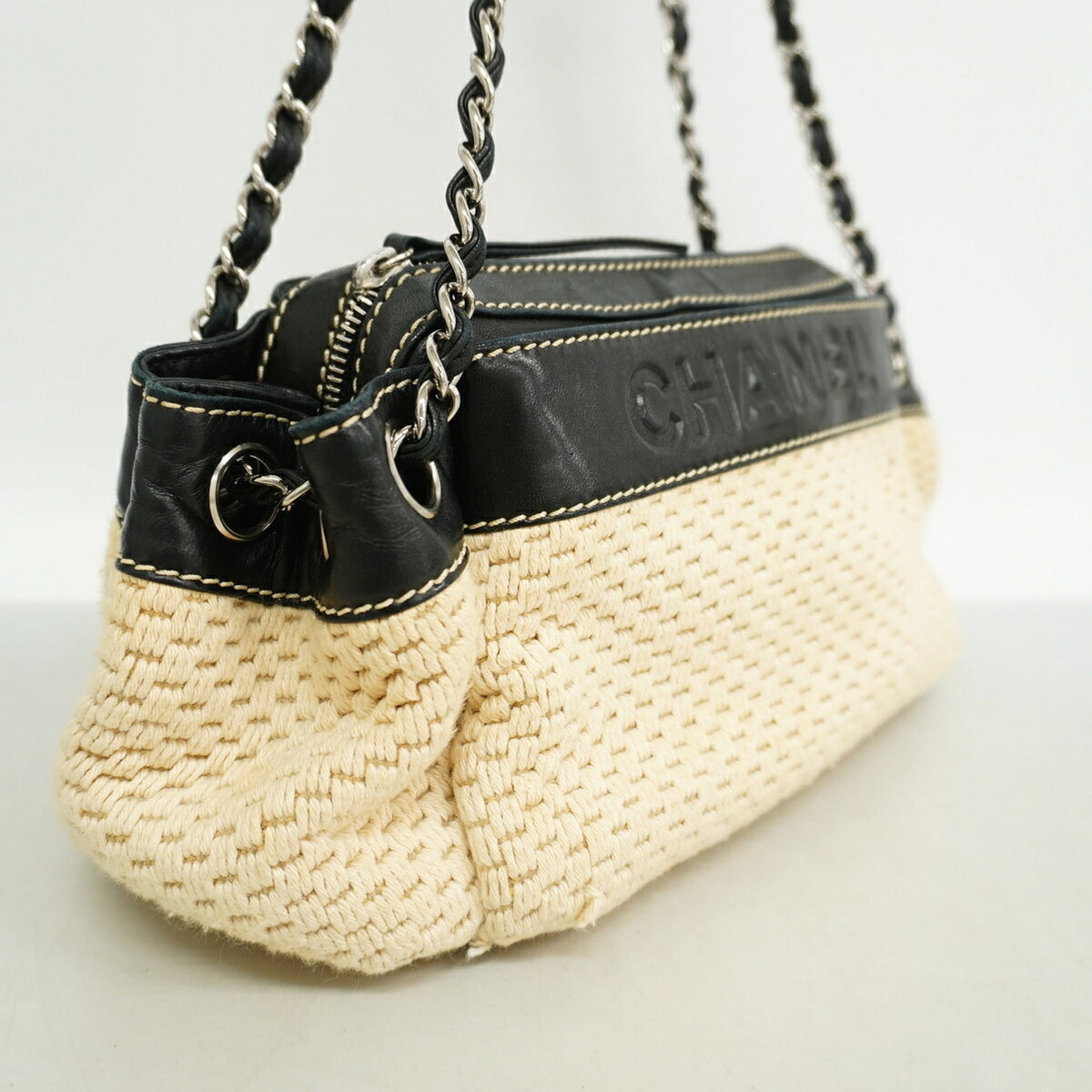 Chanel Beige Black Canvas Shoulder Bag (Pre-Owned)