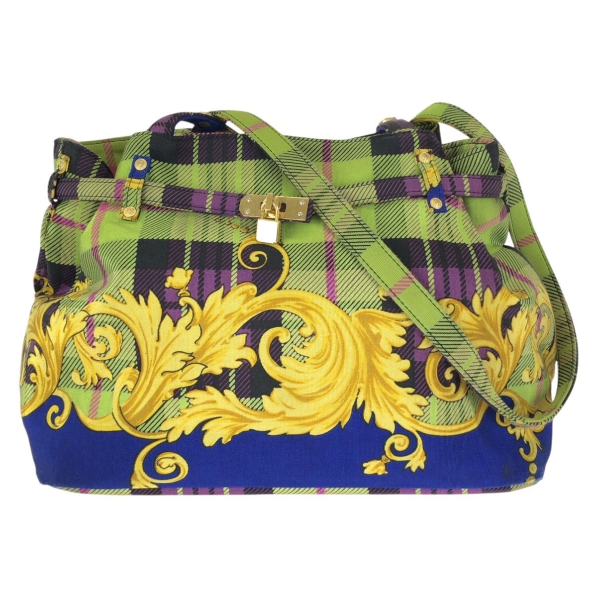 Versace Blue Green Yellow Canvas Shoulder Bag Tote Bag (Pre-Owned)