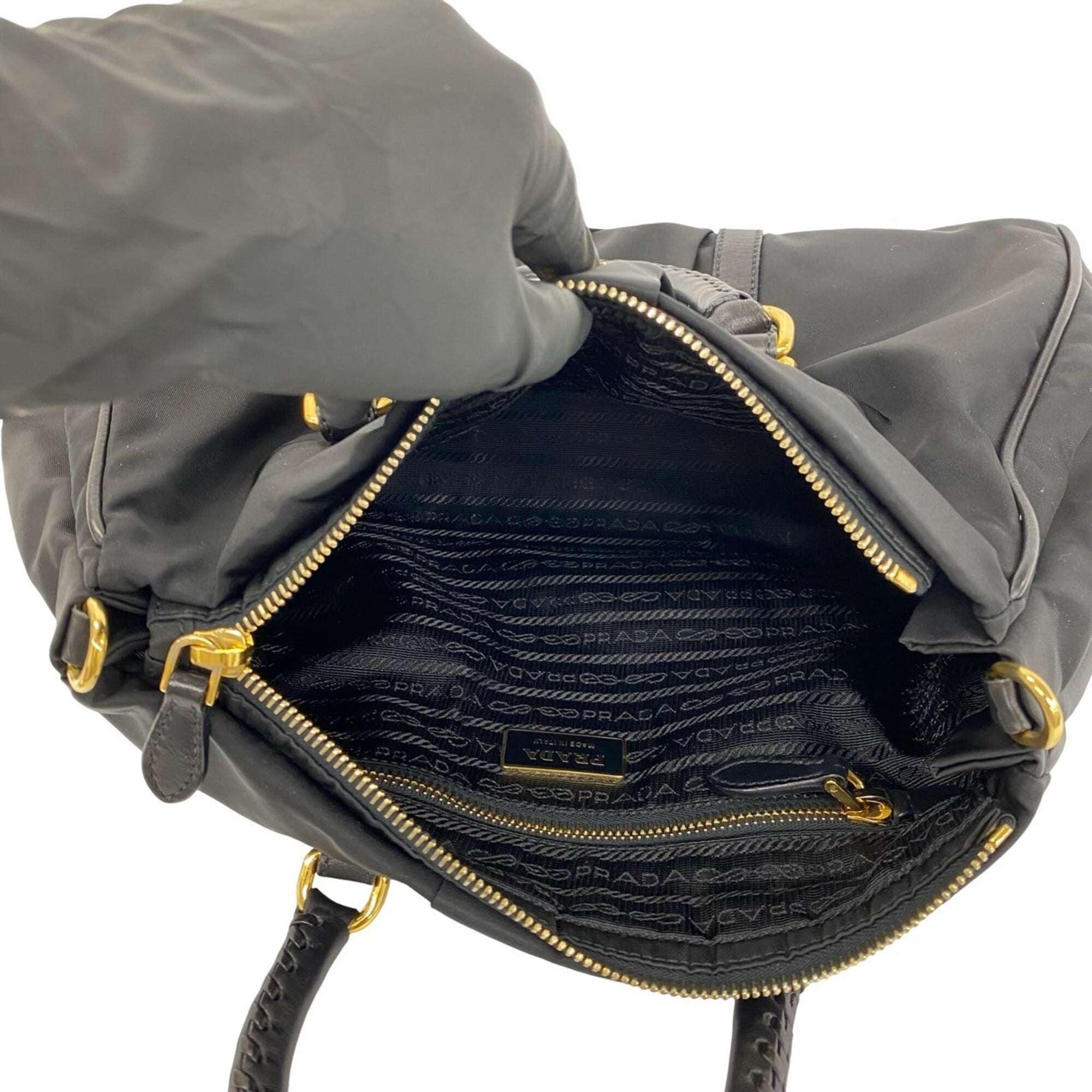 Prada Black Nylon Leather Handbag Shoulder Bag Tote Bag (Pre-Owned)