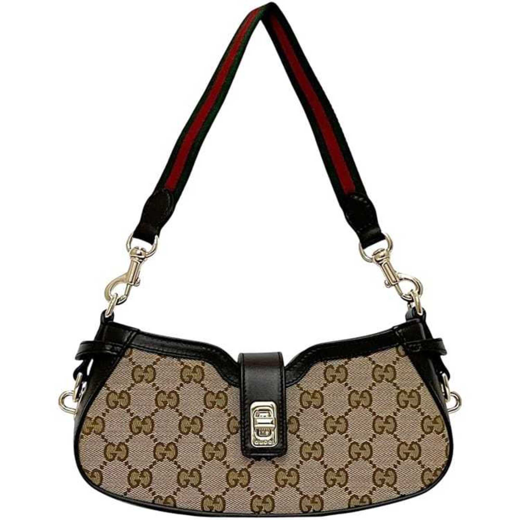 Gucci Beige Brown Canvas Leather Shoulder Bag (Pre-Owned)