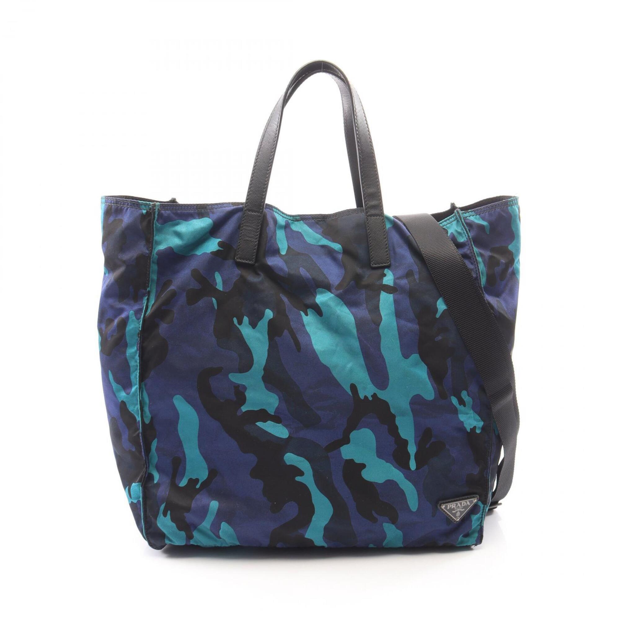 Prada Black Blue Multi-Color Nylon Leather Handbag Tote Bag (Pre-Owned)