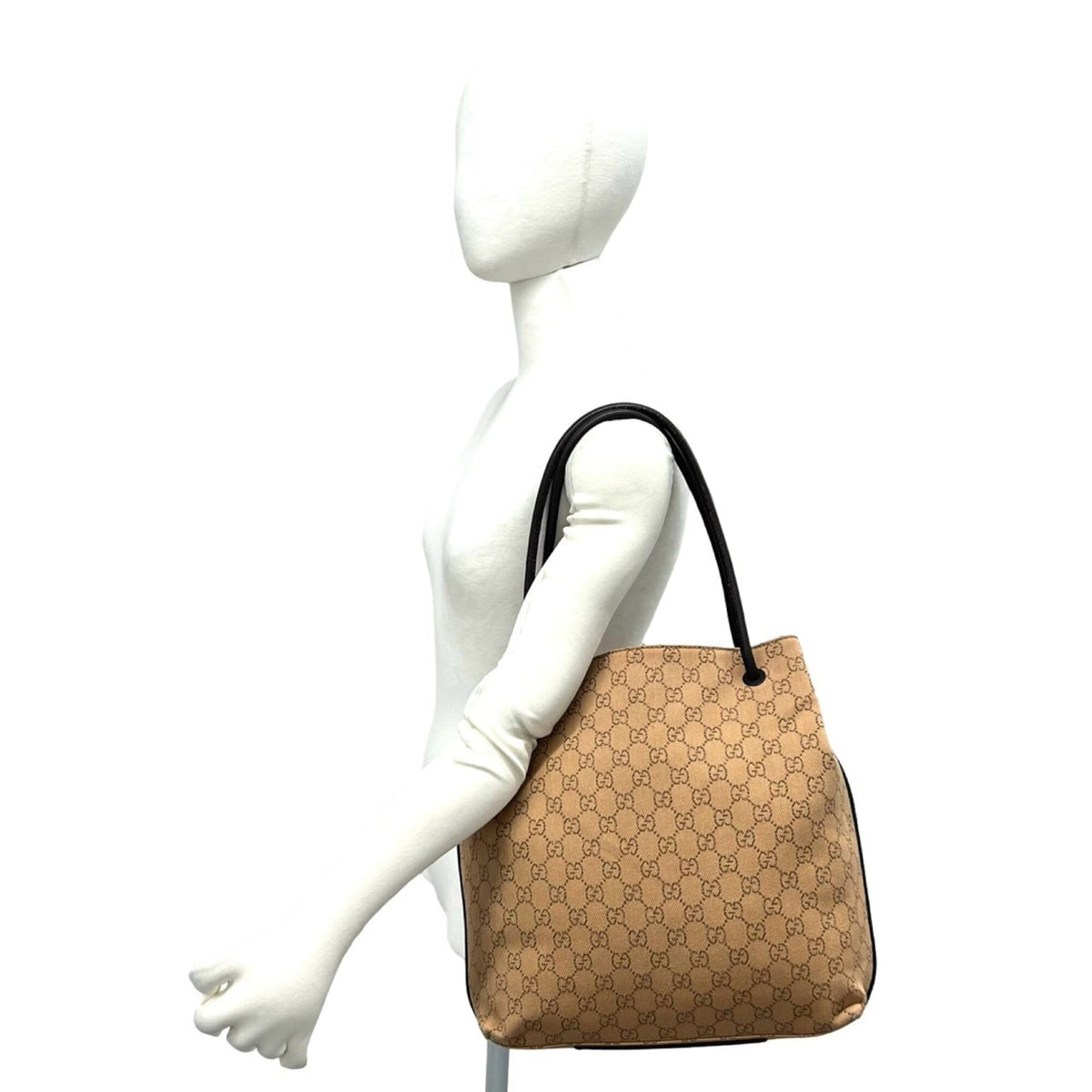 Gucci Beige Brown Canvas Leather Shoulder Bag Tote Bag (Pre-Owned)