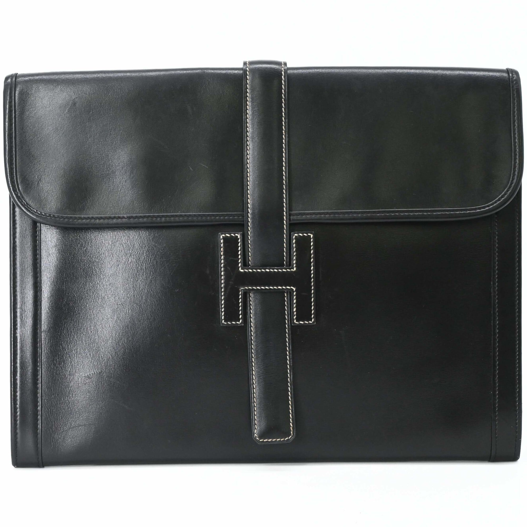 Hermes Jige Black Box Calf Leather Clutch Bag (Pre-Owned)