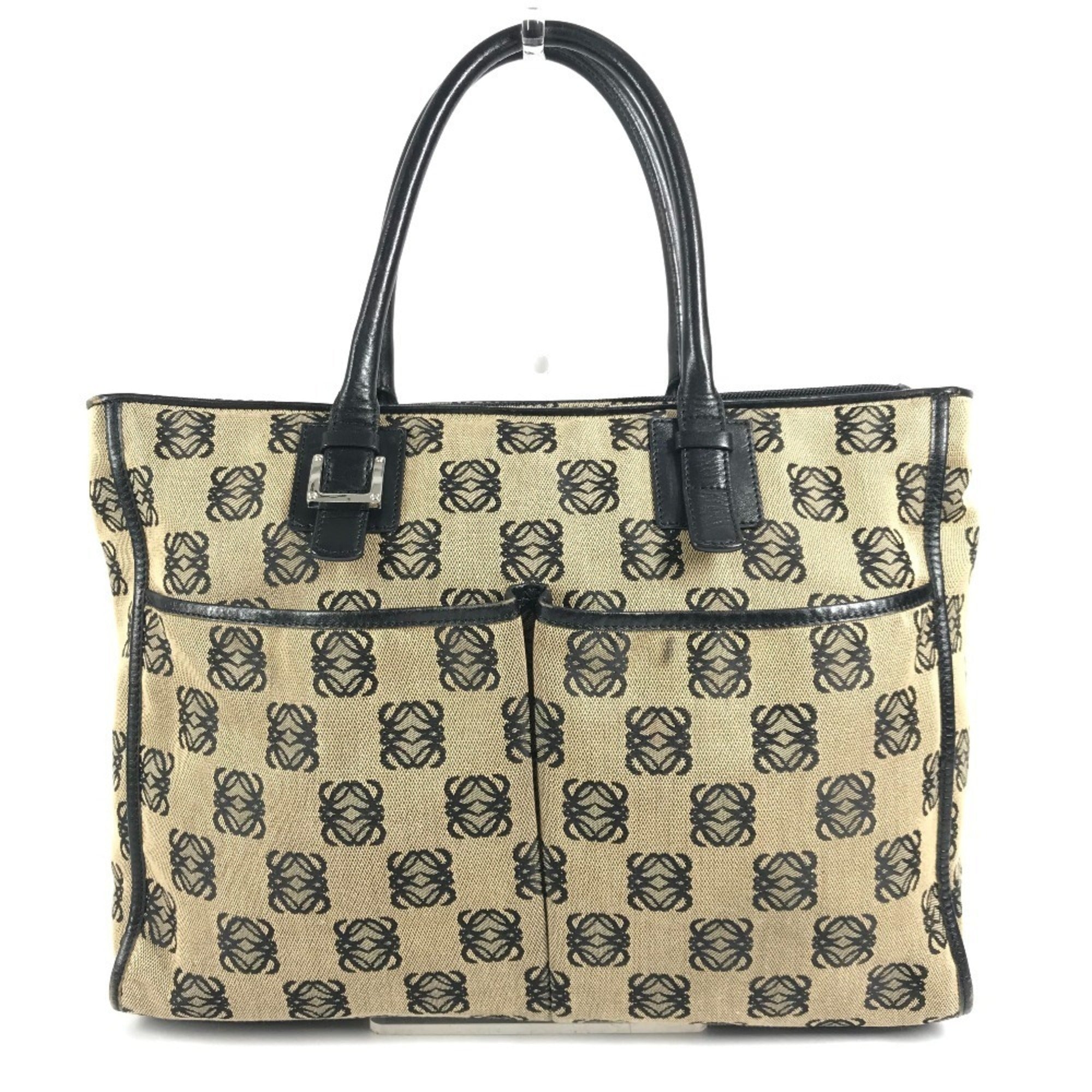 Loewe Beige Black Leather Canvas Handbag Tote Bag (Pre-Owned)