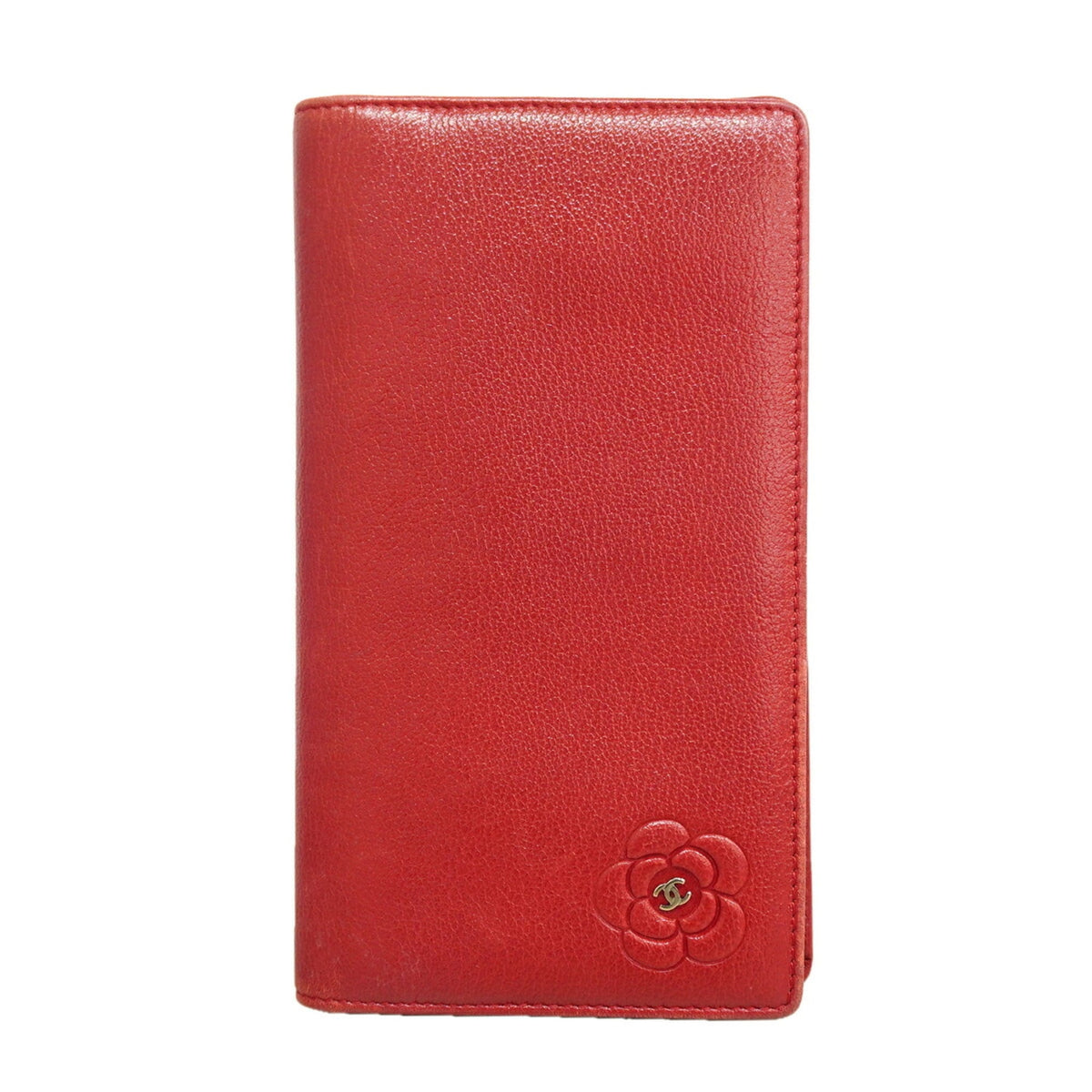 Chanel Red Color Leather Long Wallet (Bi-Fold) (Pre-Owned)