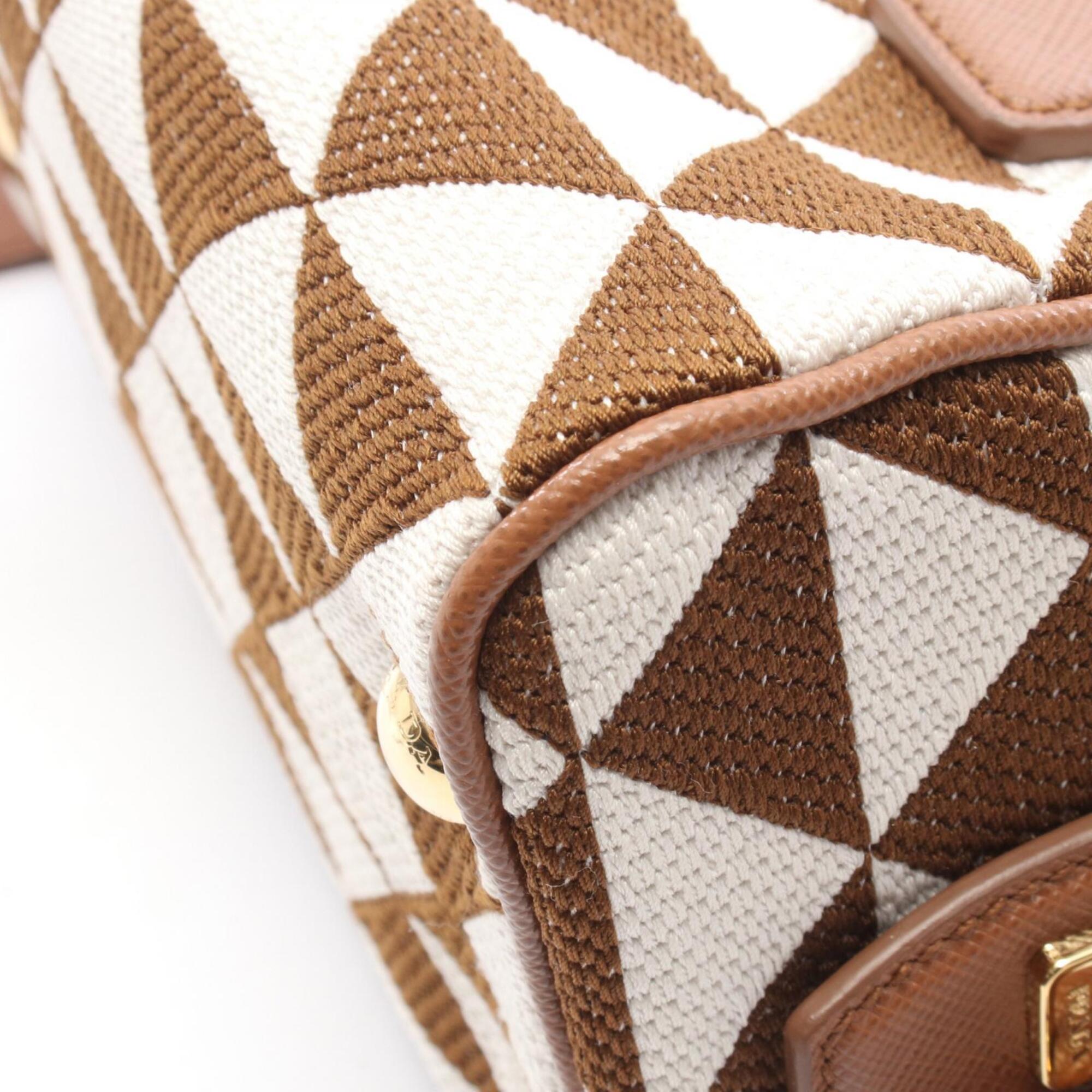 Prada Brown White Canvas Leather Handbag (Pre-Owned)
