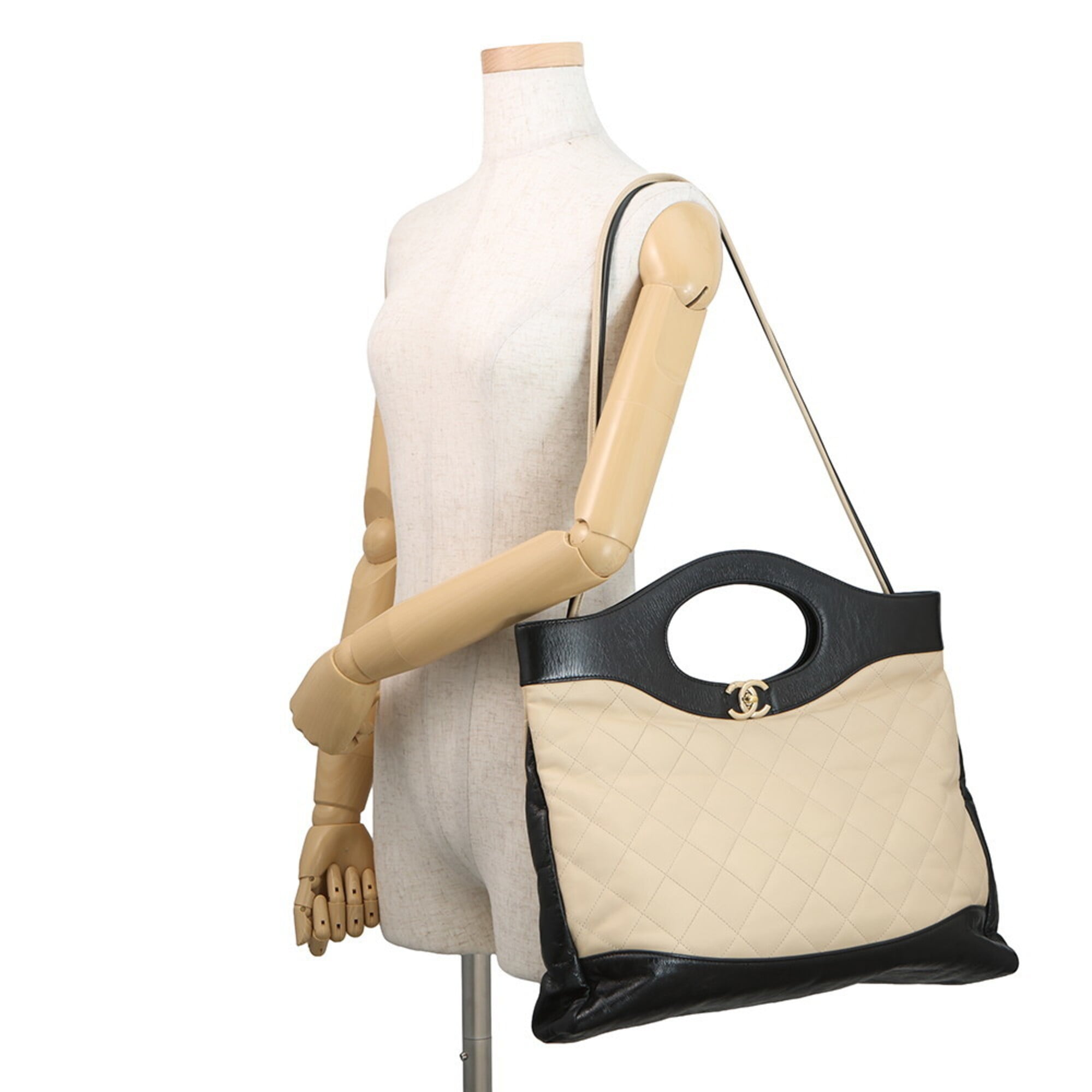 Chanel Beige Black Leather Handbag Shoulder Bag (Pre-Owned)
