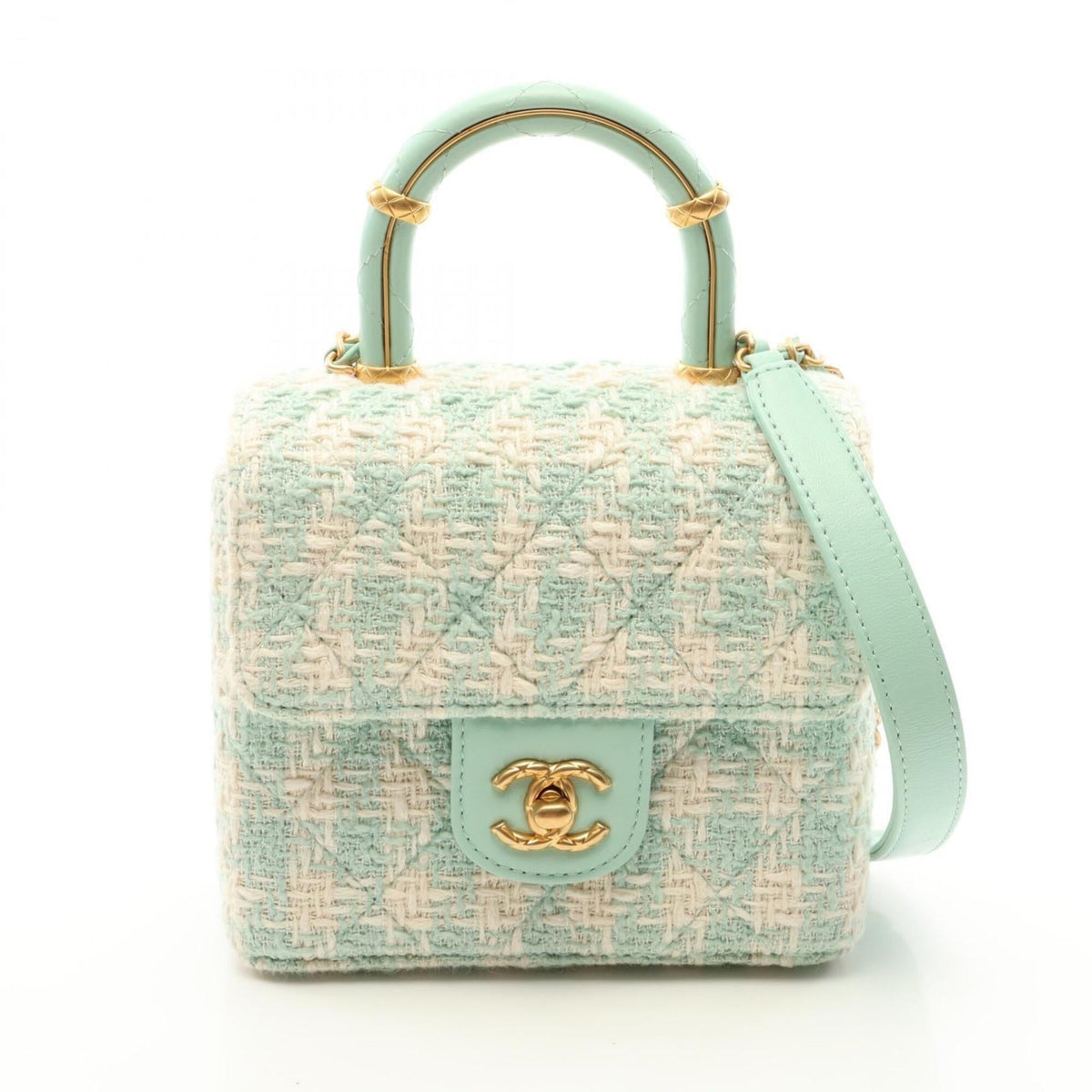 Chanel Green White Fabric Leather Handbag Shoulder Bag (Pre-Owned)