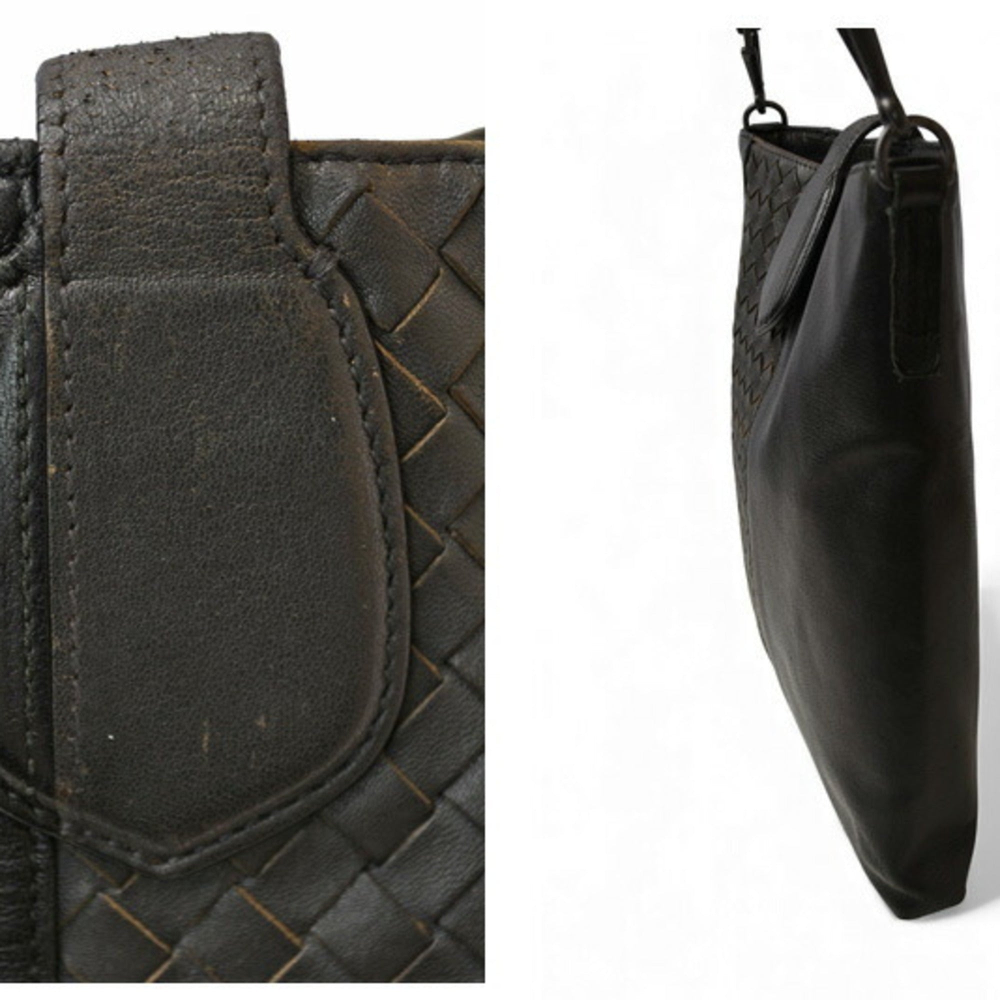 Bottega Veneta Black Gray Leather Messenger Bag Shoulder Bag (Pre-Owned)