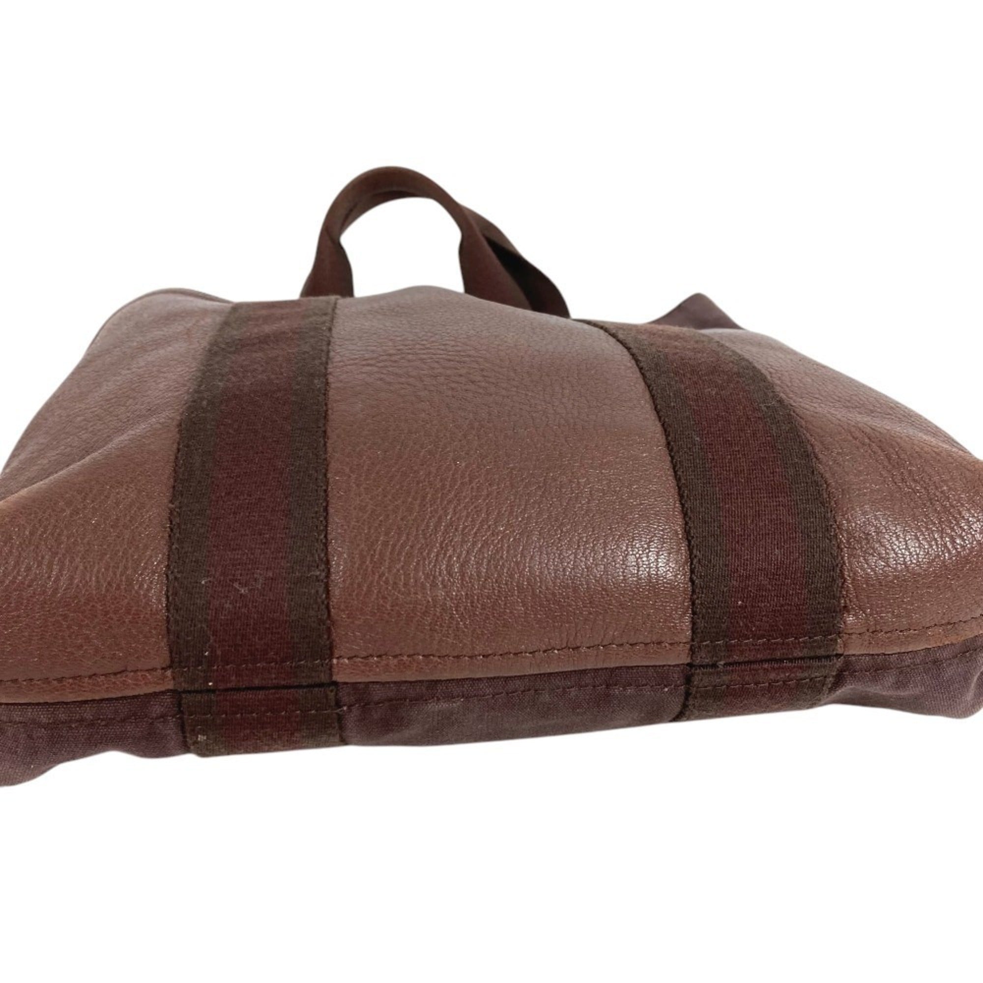 Hermes Brown Leather Canvas Handbag Tote Bag (Pre-Owned)