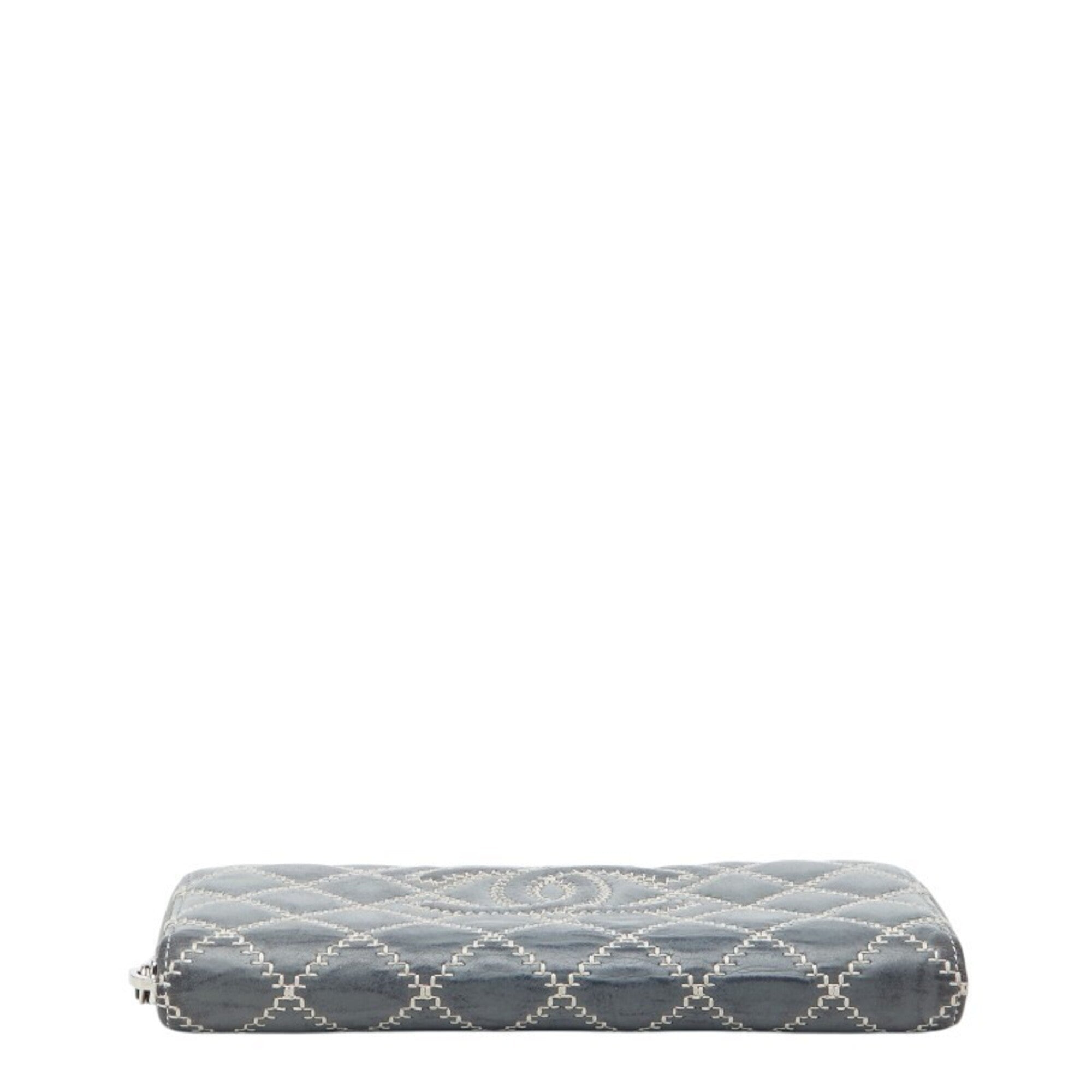 Chanel Gray Leather Long Wallet (Bi-Fold) (Pre-Owned)