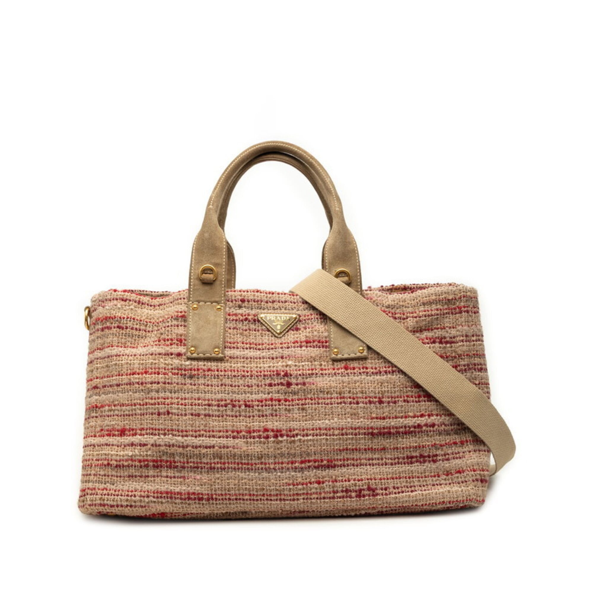 Prada Beige Multi-Color Red Color Tweed Suede Shoulder Bag Tote Bag (Pre-Owned)