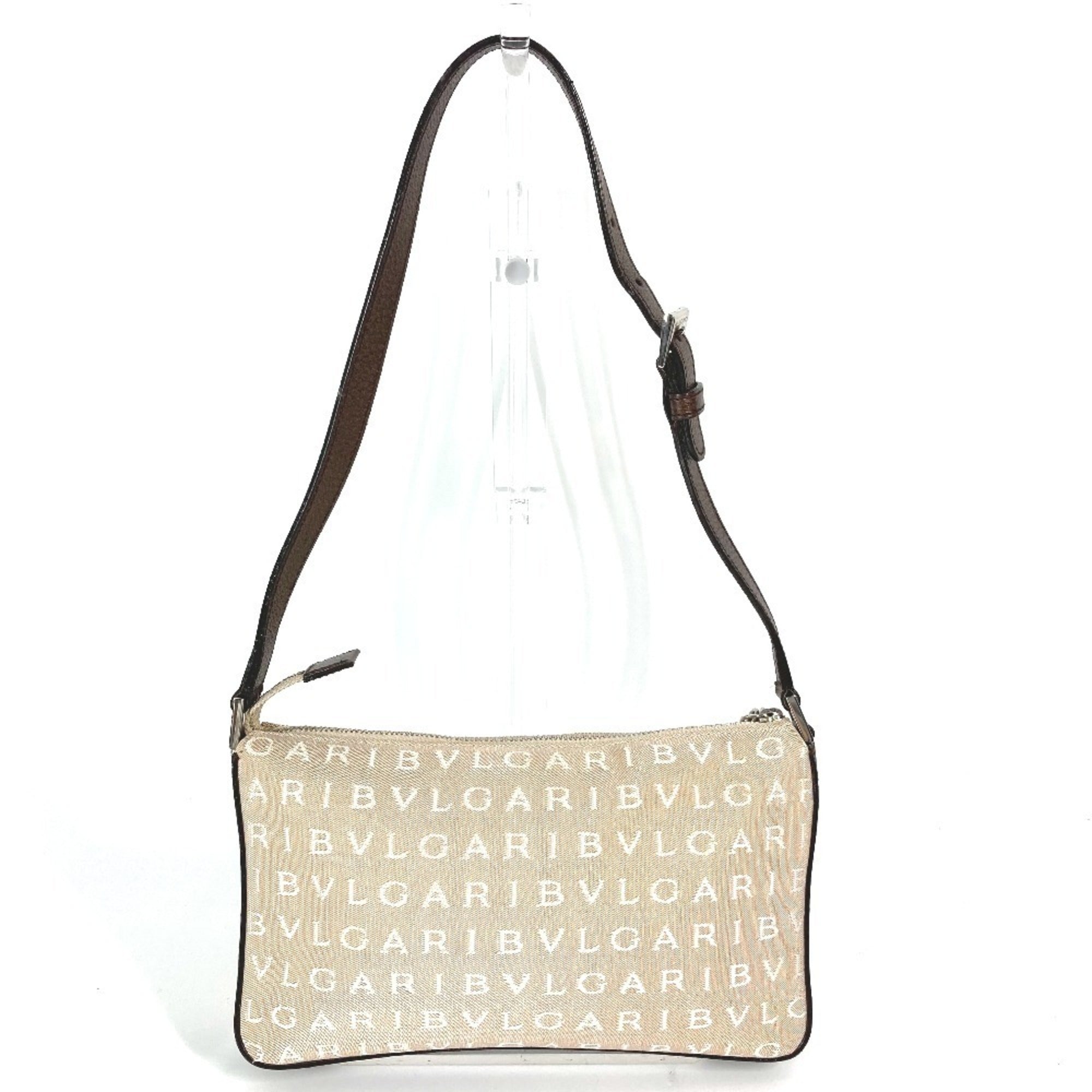 Bvlgari Logomania Beige Brown Canvas Leather Shoulder Bag (Pre-Owned)
