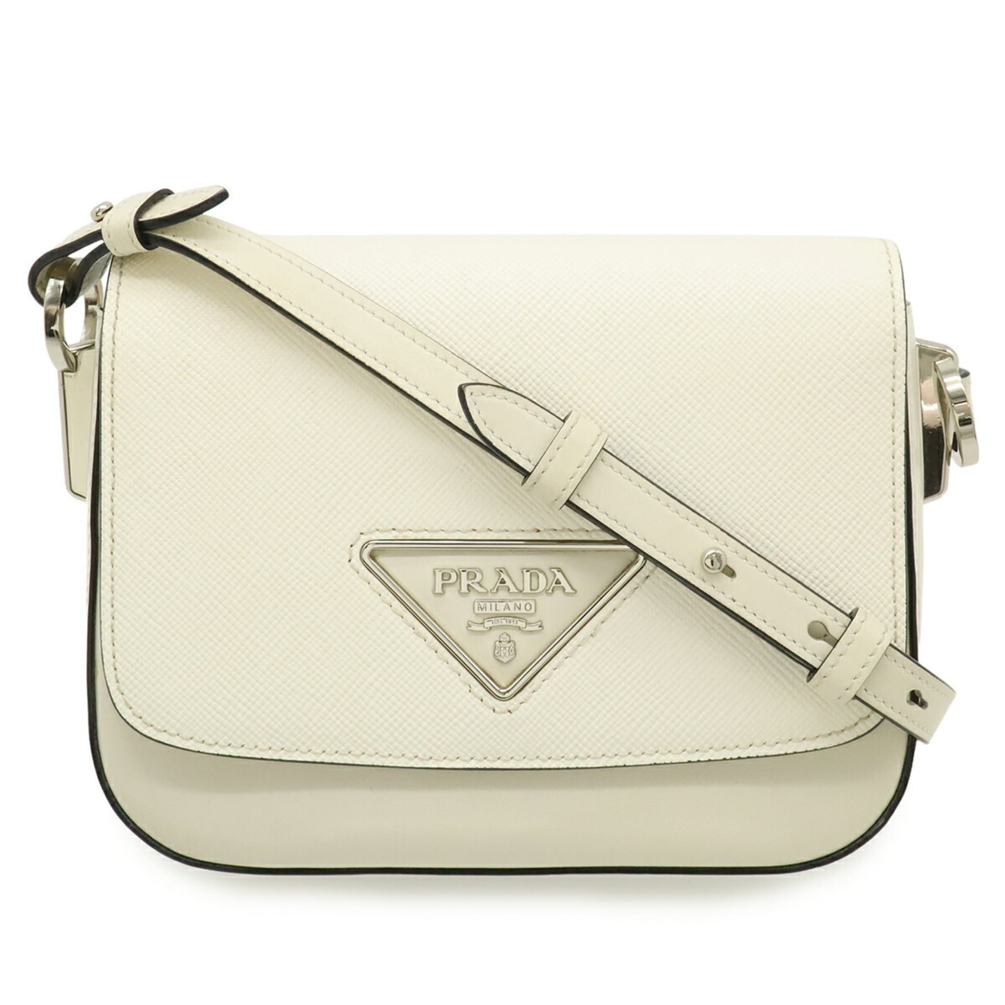 Prada Saffiano Ivory Leather Clutch Bag Pochette (Pre-Owned)
