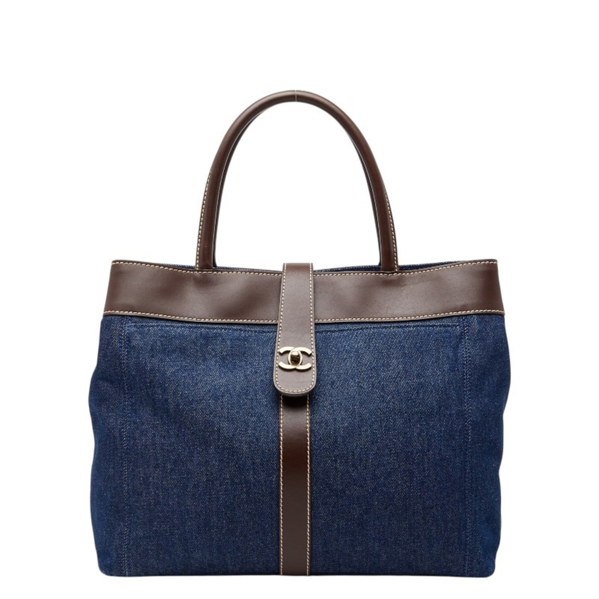 Chanel Blue Brown Denim Leather Handbag Tote Bag (Pre-Owned)