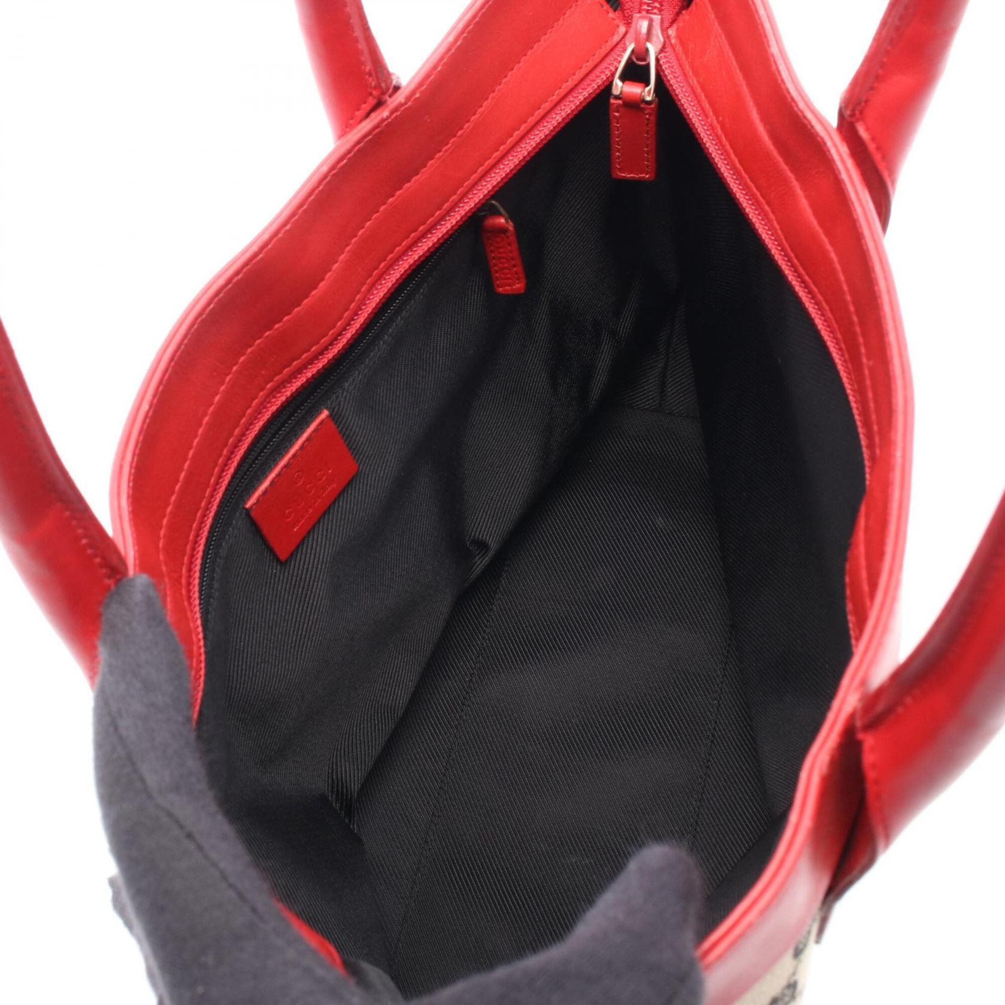 Gucci Beige Black Red Color Canvas Leather Handbag Tote Bag (Pre-Owned)