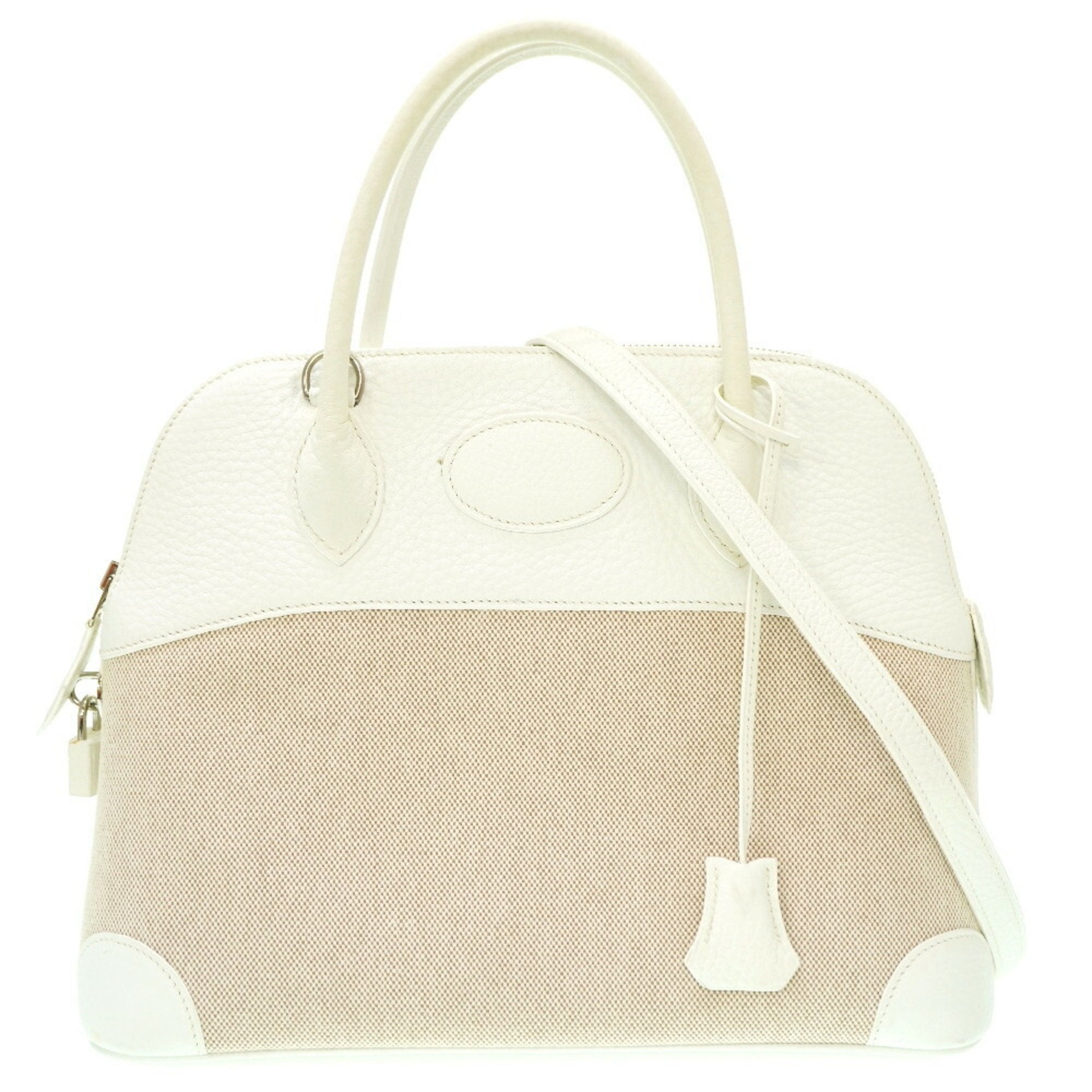 Hermes Bolide White Toile H Taurillon Clemence Leather Handbag (Pre-Owned)