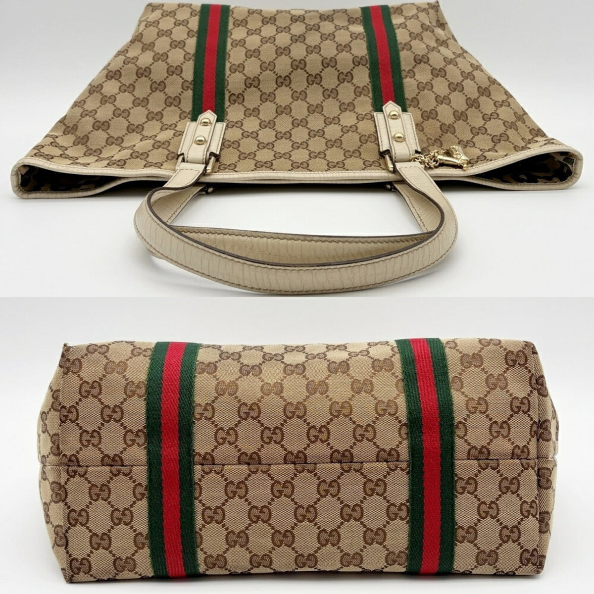 Gucci Ivory Gg Canvas Leather Tote Bag (Pre-Owned)