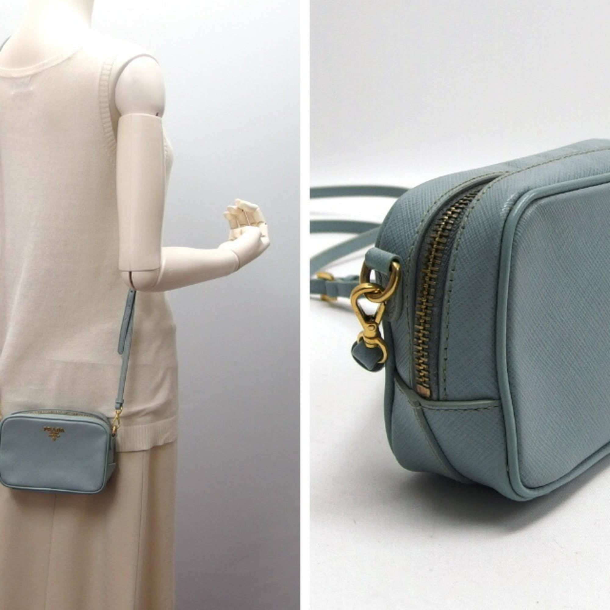 Prada Saffiano Light Blue Leather Pochette Shoulder Bag (Pre-Owned)