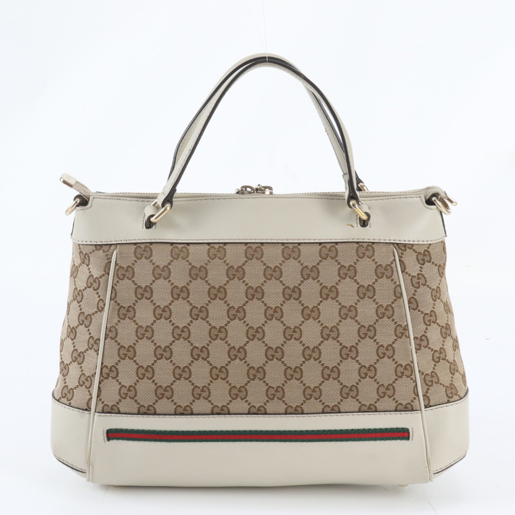 Gucci Beige Leather Canvas Handbag Shoulder Bag Tote Bag (Pre-Owned)