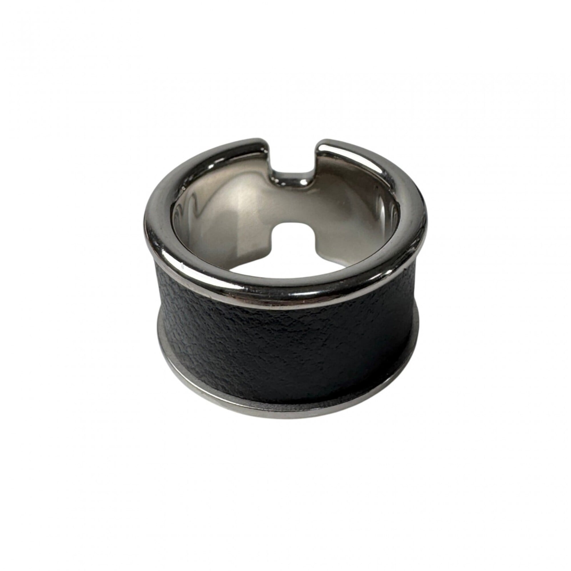 Hermes Silver Black Leather Metal Band Ring (Pre-Owned)